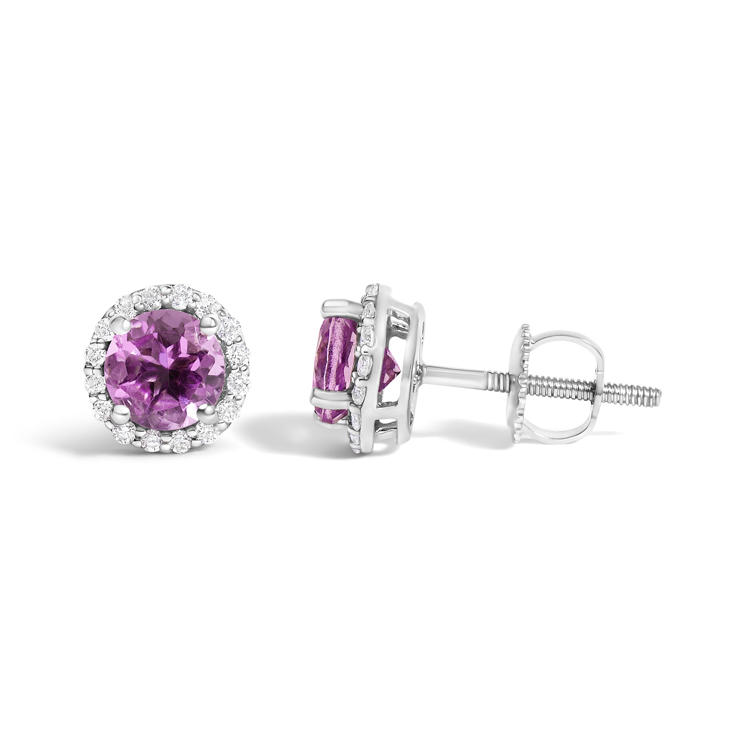 10K White Gold Purple Amethyst and 1/6 Cttw Diamond Halo Stud Earring