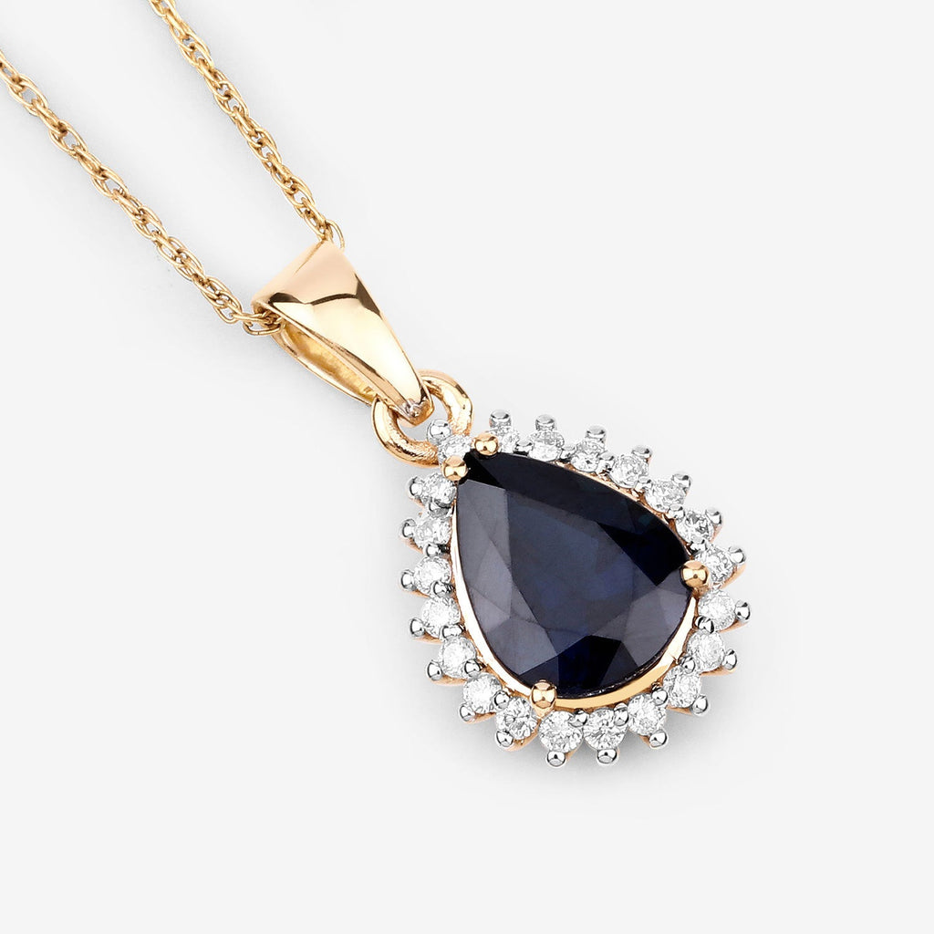 2.09 Carat Genuine Blue Sapphire and White Diamond 14K Yellow Gold Pendant