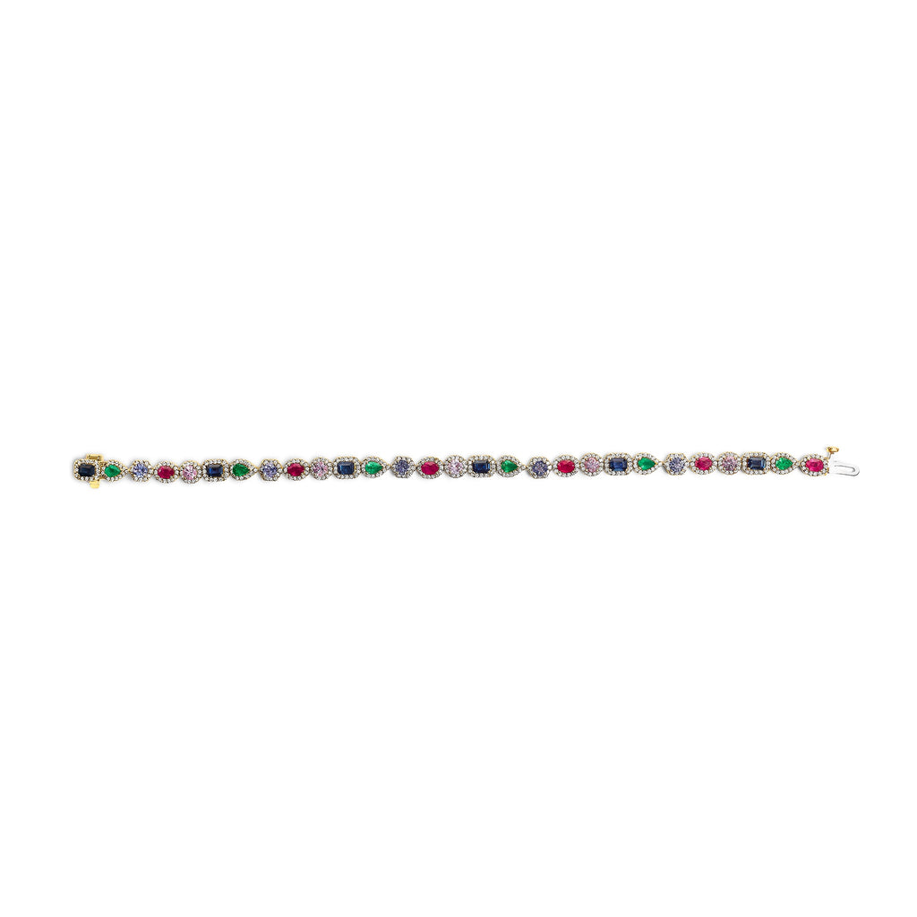14K Yellow Gold Multi-Gemstone  and Diamond Halo Rainbow Tennis Bracelet