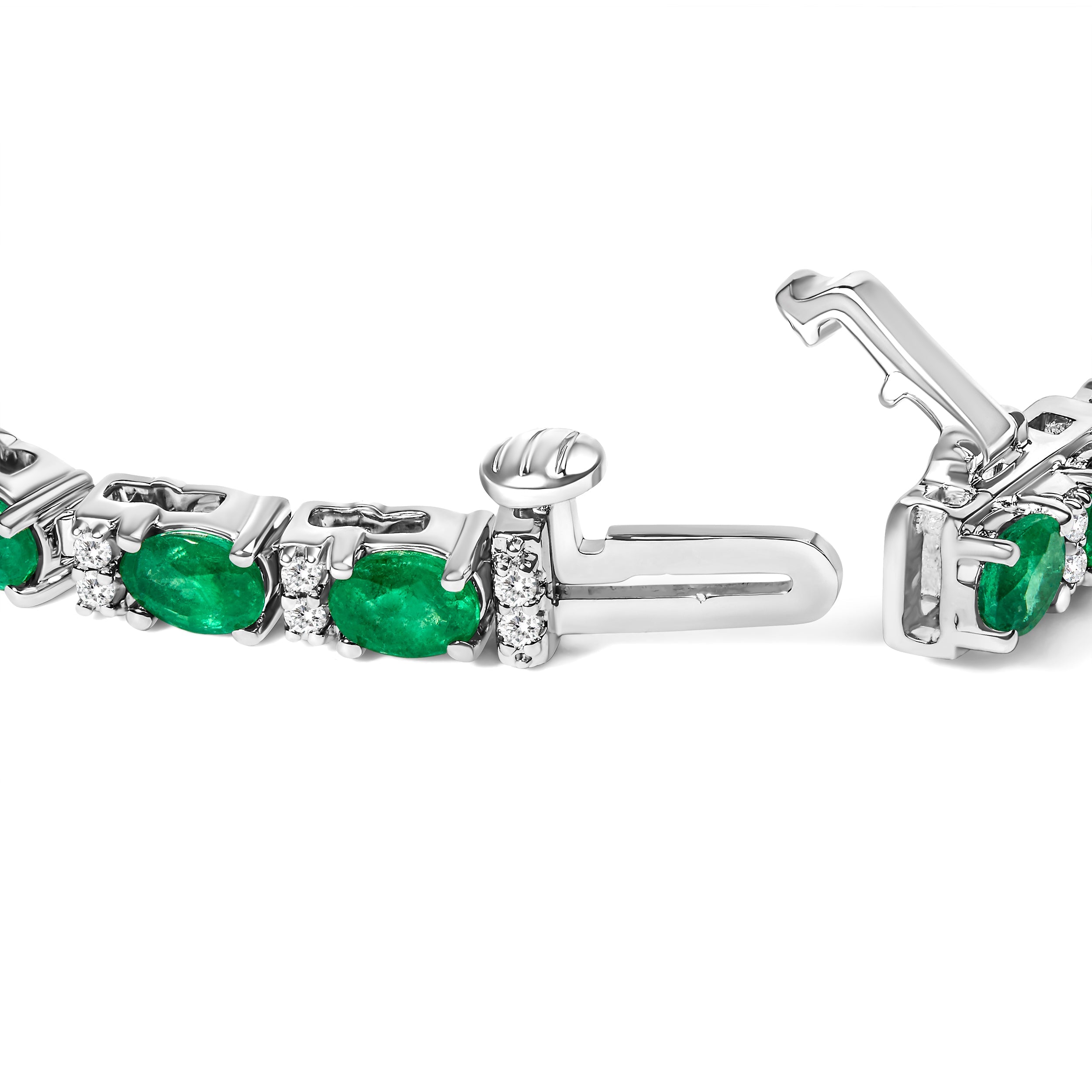14K White Gold Alternating Oval Green Emerald and Diamond Tennis Bracelet