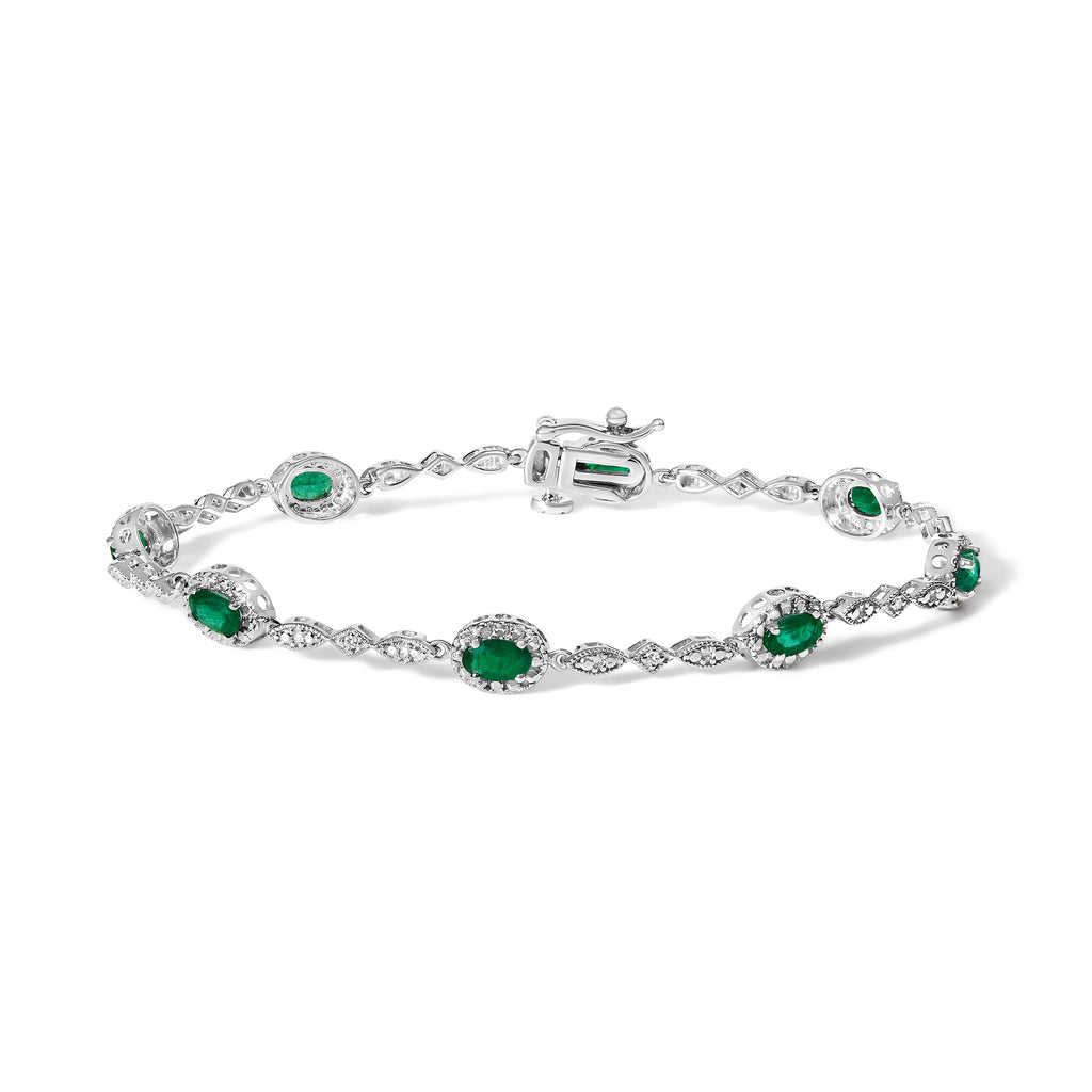 10K White Gold Oval Green Emerald & Diamond Alternating Link Bracelet