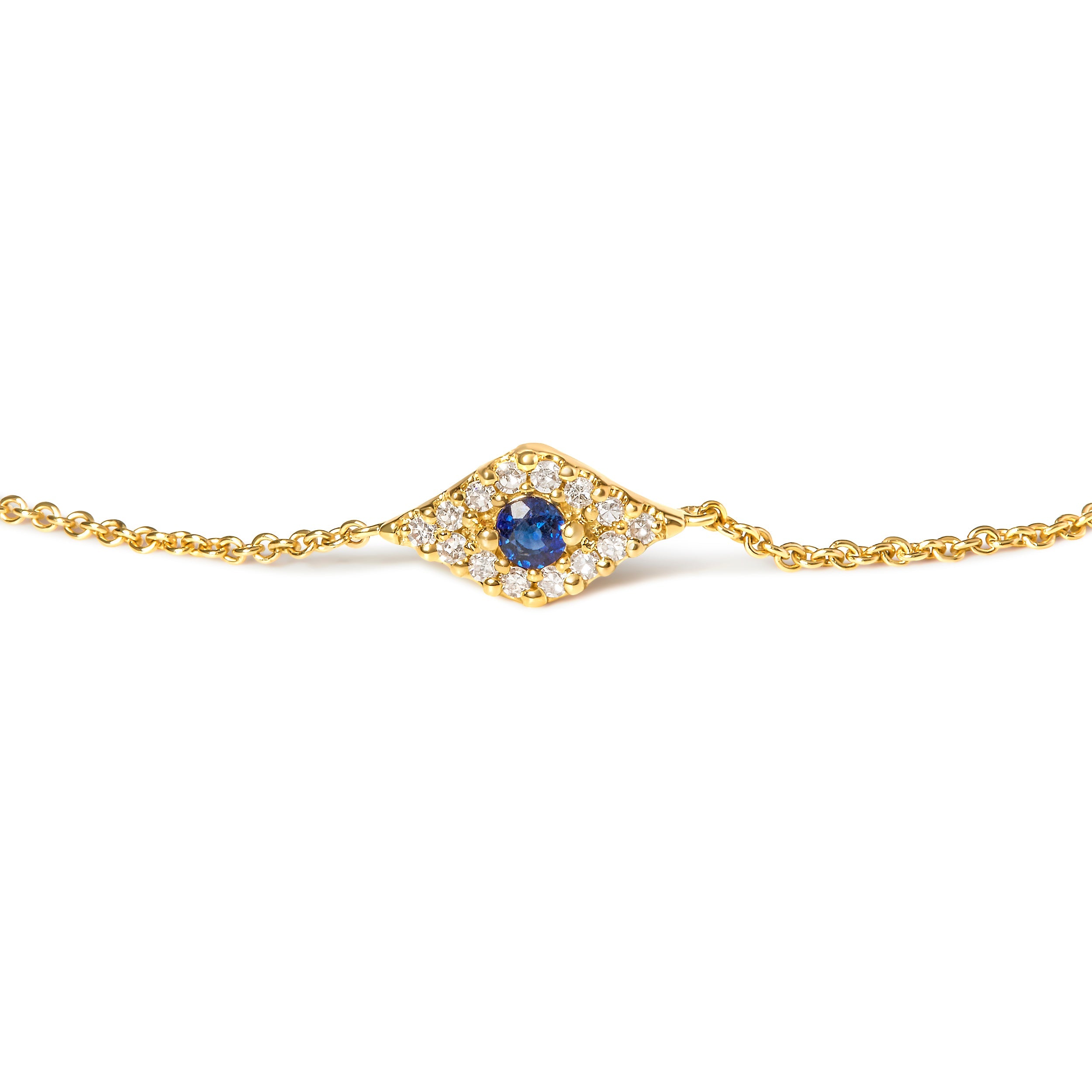 10K Yellow Gold Blue Sapphire and Diamond Accent Evil Eye Station Link Bracelet  (H-I Color, I1-I2 Clarity) - Size 7"