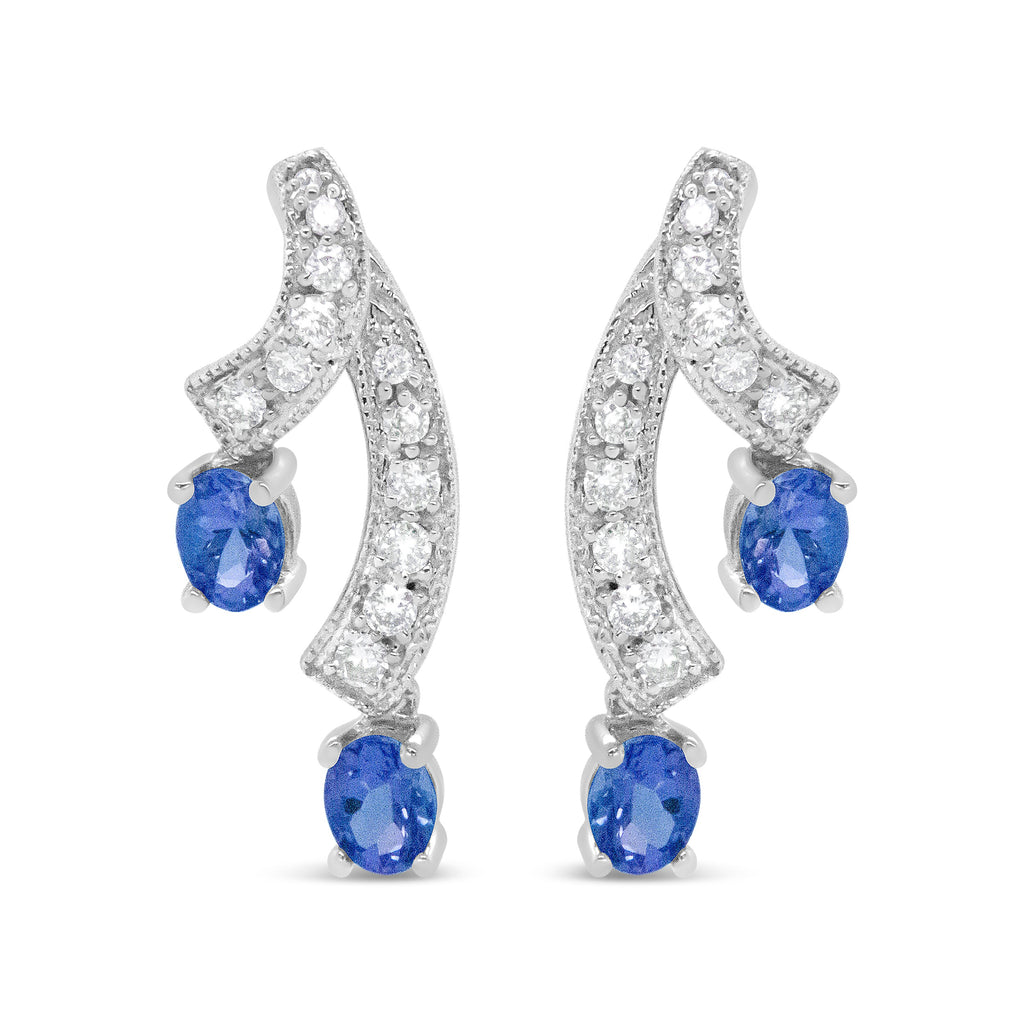 14K White Gold 4x3MM Oval Shaped Natural Blue Tanzanite Gemstone and 1/5 Cttw Diamond Double 3/4" Inch Drop Stud Earrings (H-I Color, VS1-VS2 Clarity)