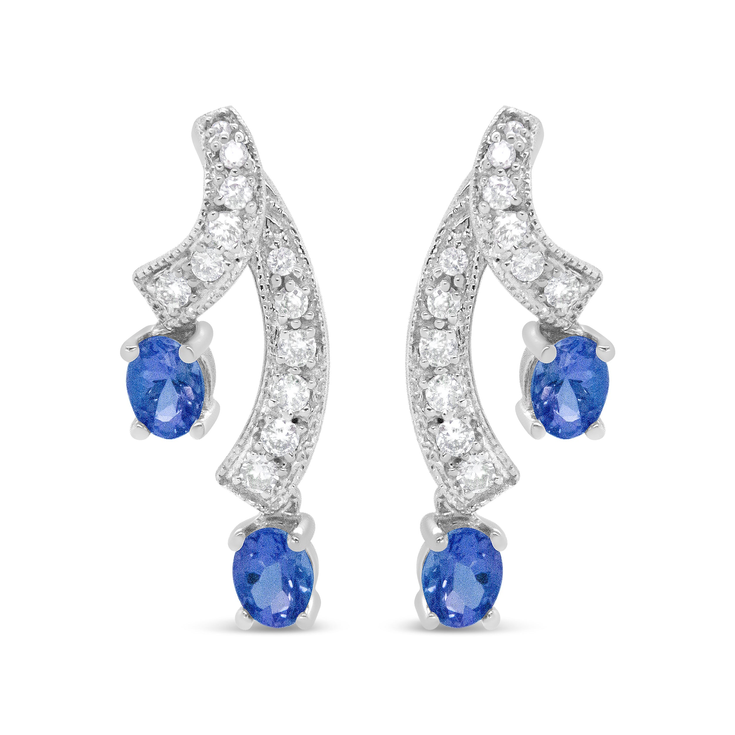 14K White Gold 4x3MM Oval Shaped Natural Blue Tanzanite Gemstone and 1/5 Cttw Diamond Double 3/4" Inch Drop Stud Earrings (H-I Color, VS1-VS2 Clarity)