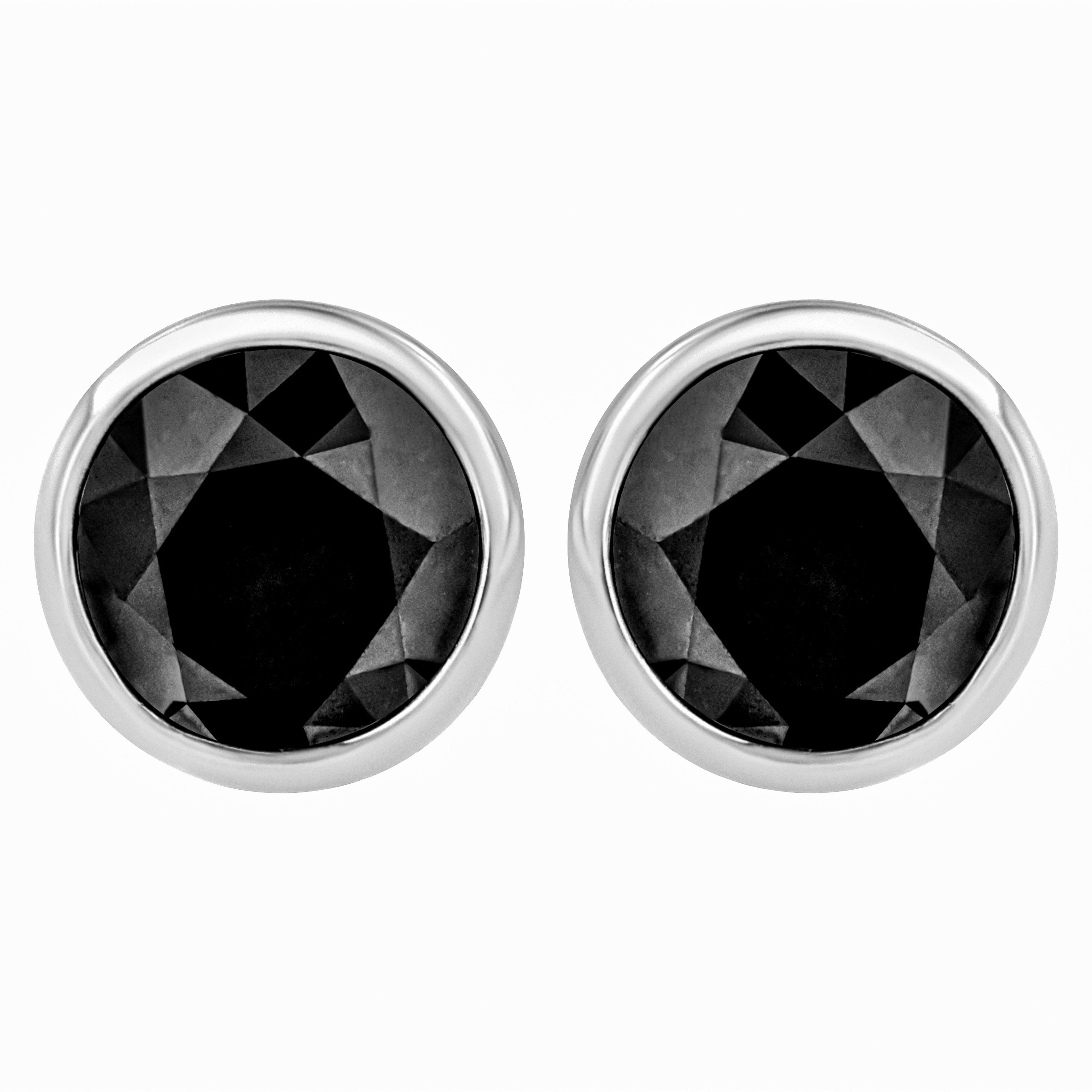 14K White Gold 1/2 Cttw Round Brilliant-Cut Black Diamond Bezel-Set Stud Earrings with Screw Backs (Fancy Color-Enhanced, I2-I3 Clarity)