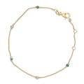 14K Yellow Gold Alternating Green Emerald and Diamond Bezel Station Chain Bracelet - Size 7.5 inch