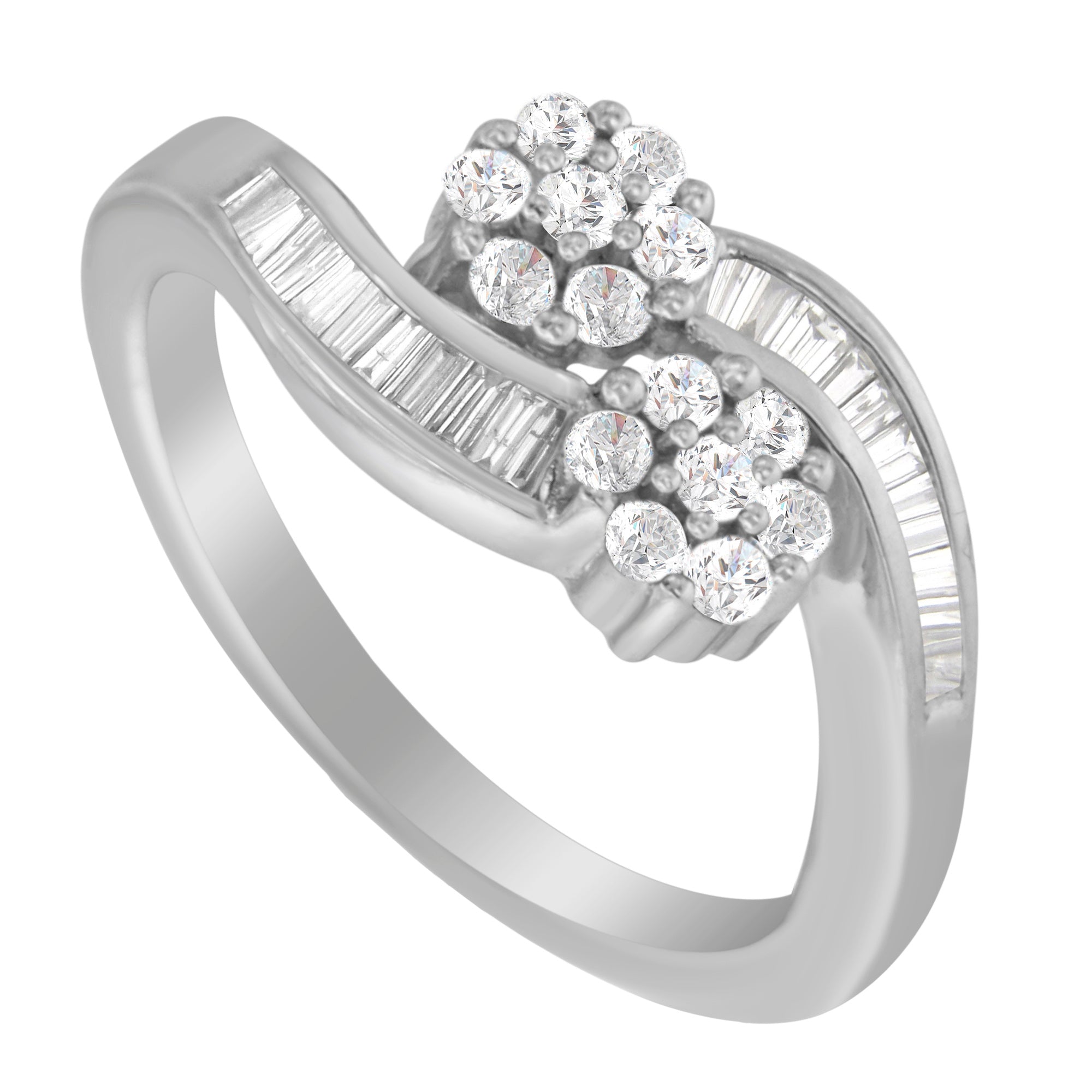 14K White Gold Round and Baguette Diamond Bypass Ring (1/2 cttw, H-I Color, I1-I2 Clarity) - Ring Size 6