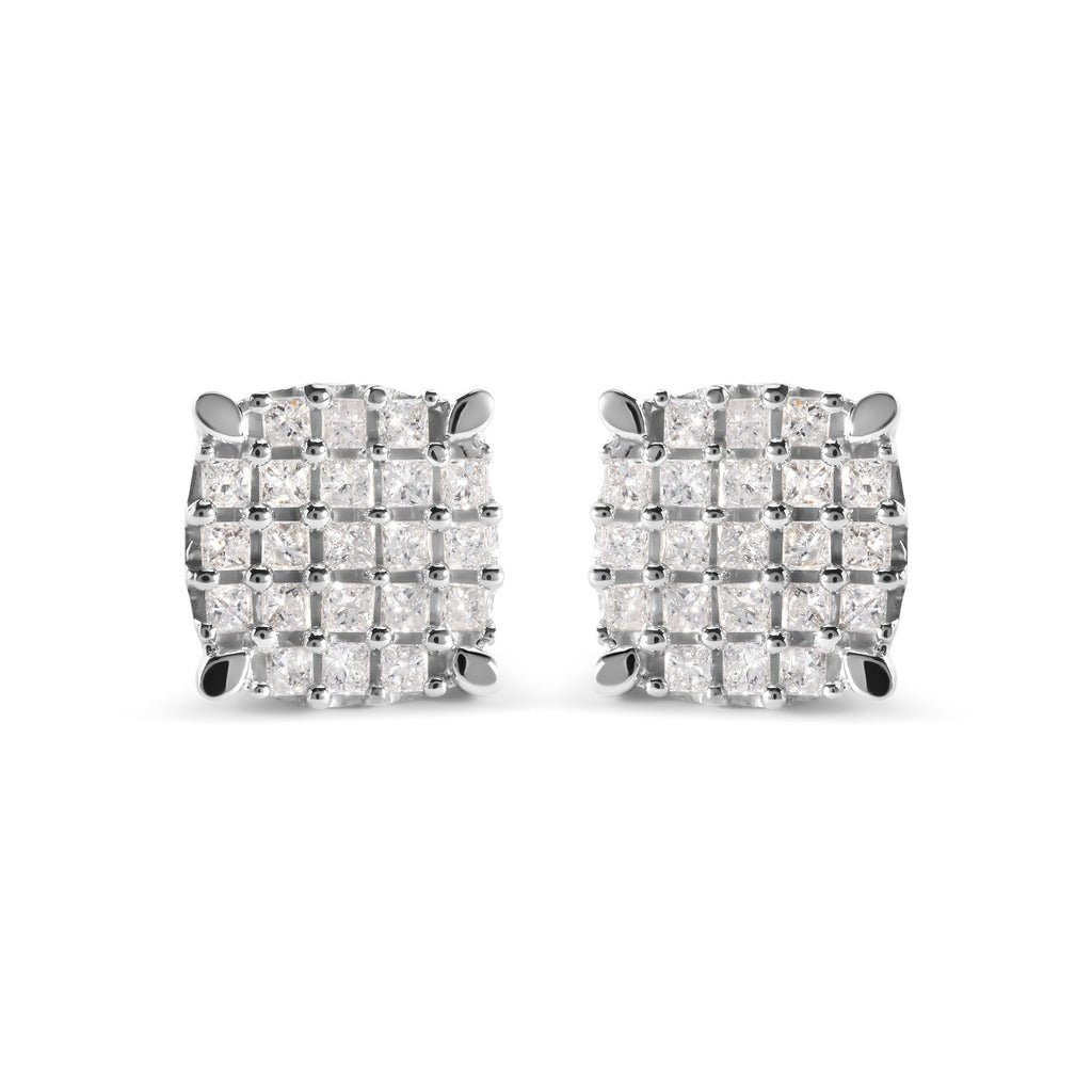 10K White Gold 3/4 Cttw Princess Diamond Composite Cushion Shape Stud Earrings (I-J Color, I1-I2 Clarity)