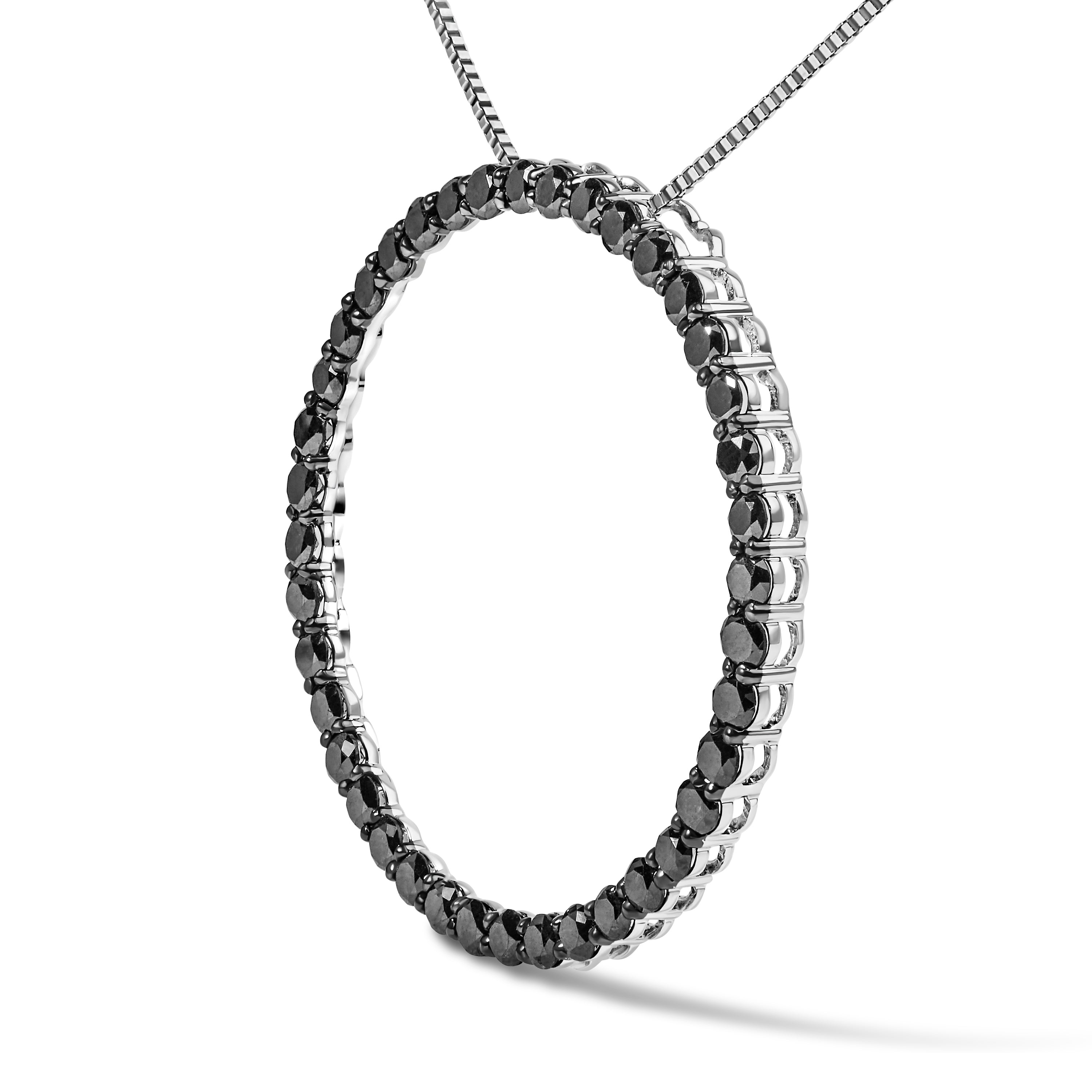 .925 Sterling Silver 4.0 Cttw Black Diamond Open Hoop Circle 18" Pendant Necklace (Black Color, I2-I3 Clarity)