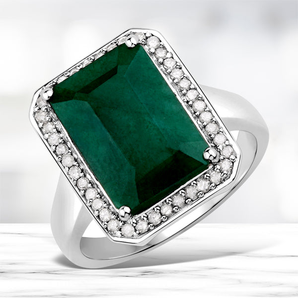 5.72 Carat Dyed Emerald and White Diamond .925 Sterling Silver Ring