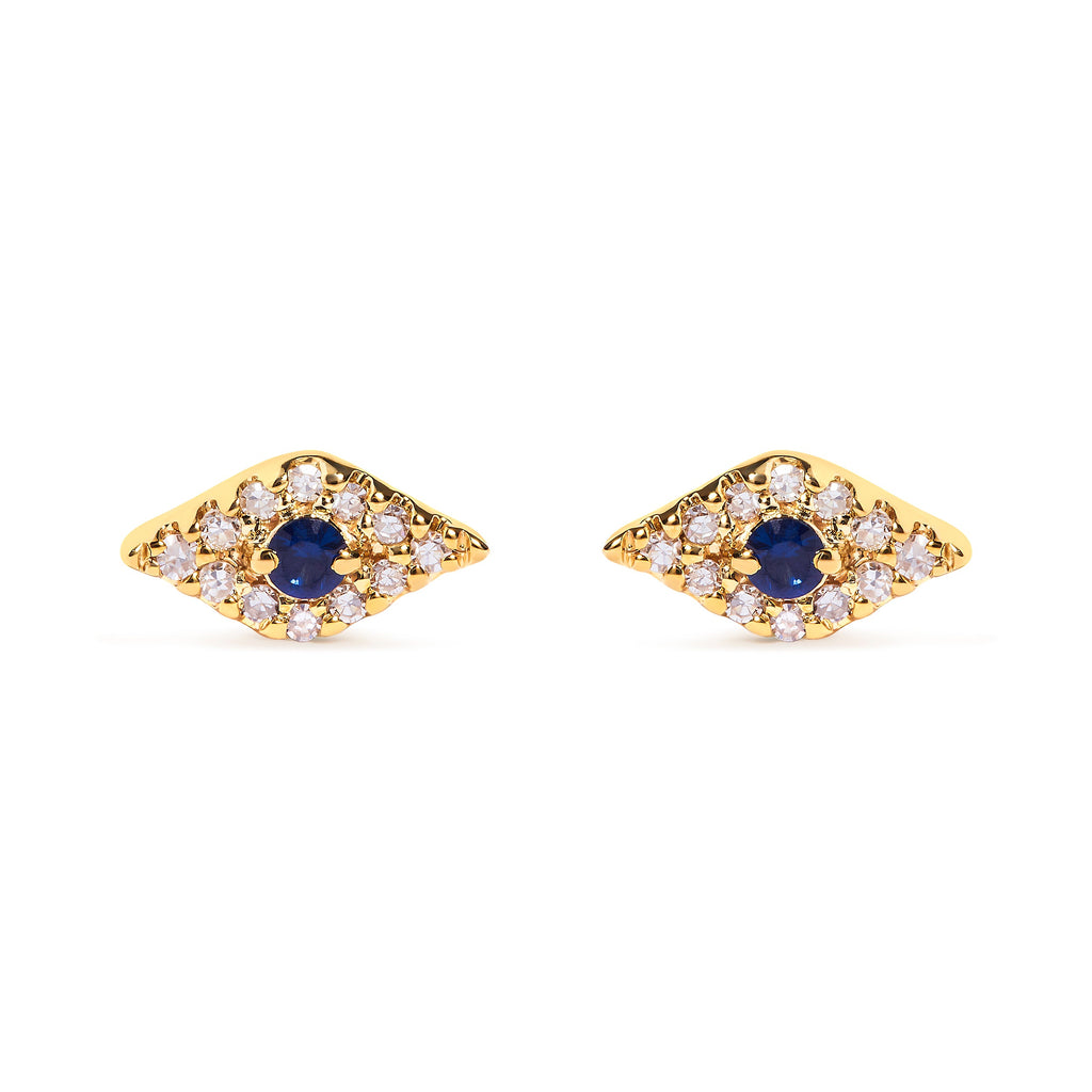 10K Yellow Gold Blue Sapphire and Diamond Accent Evil Eye Stud Earring (H-I Color, I1-I2 Clarity)