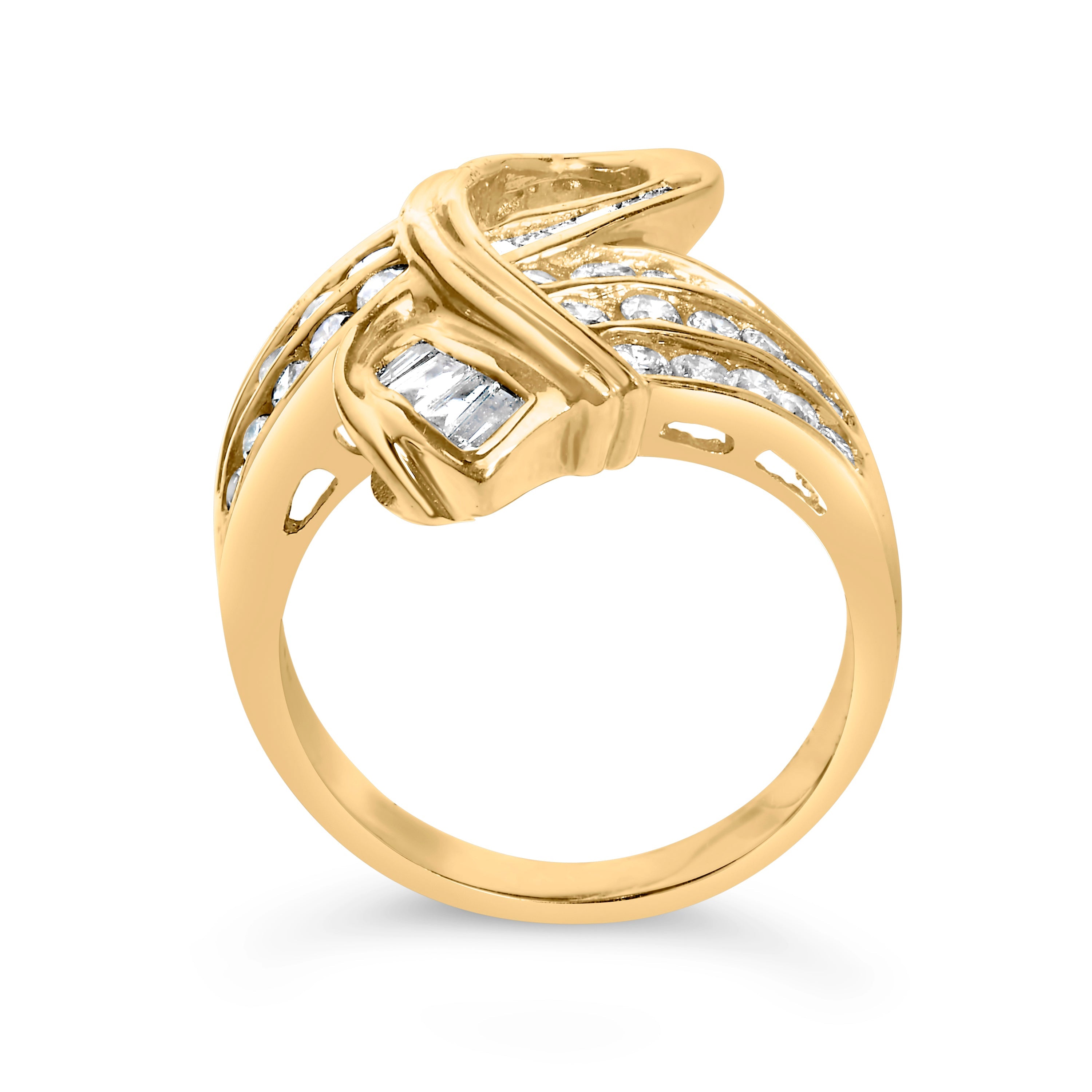 14K Yellow Gold 1 1/3 Cttw Channel Set Diamond Bypass Cocktail Ring (J-K Color, I1-I2 Clarity) - Ring Size 7