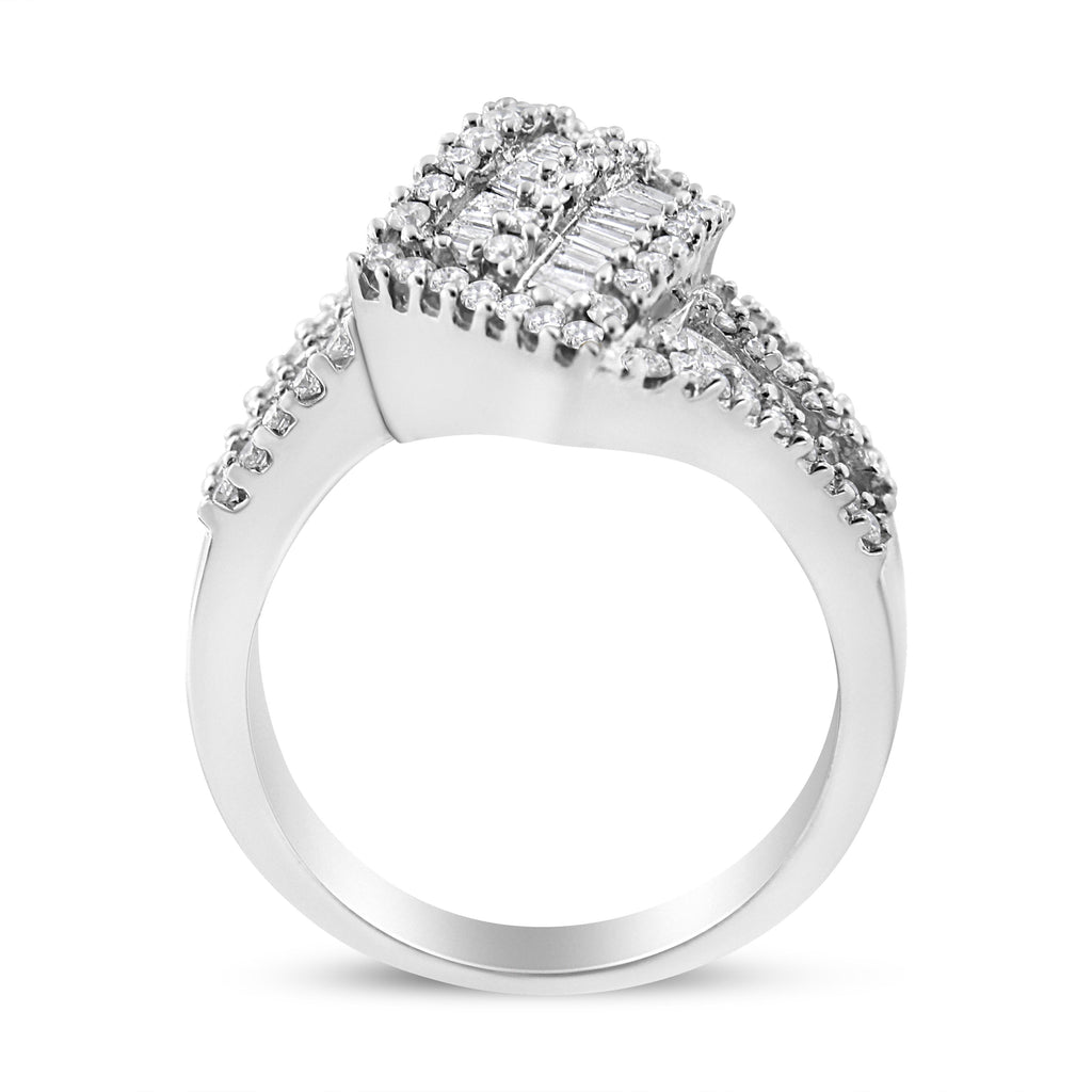 14K White Gold 1-1/2 Cttw Round and Baguette Diamond Bypass Cocktail Ring Band (H-I Color, SI1-SI2 Clarity) - Size 7
