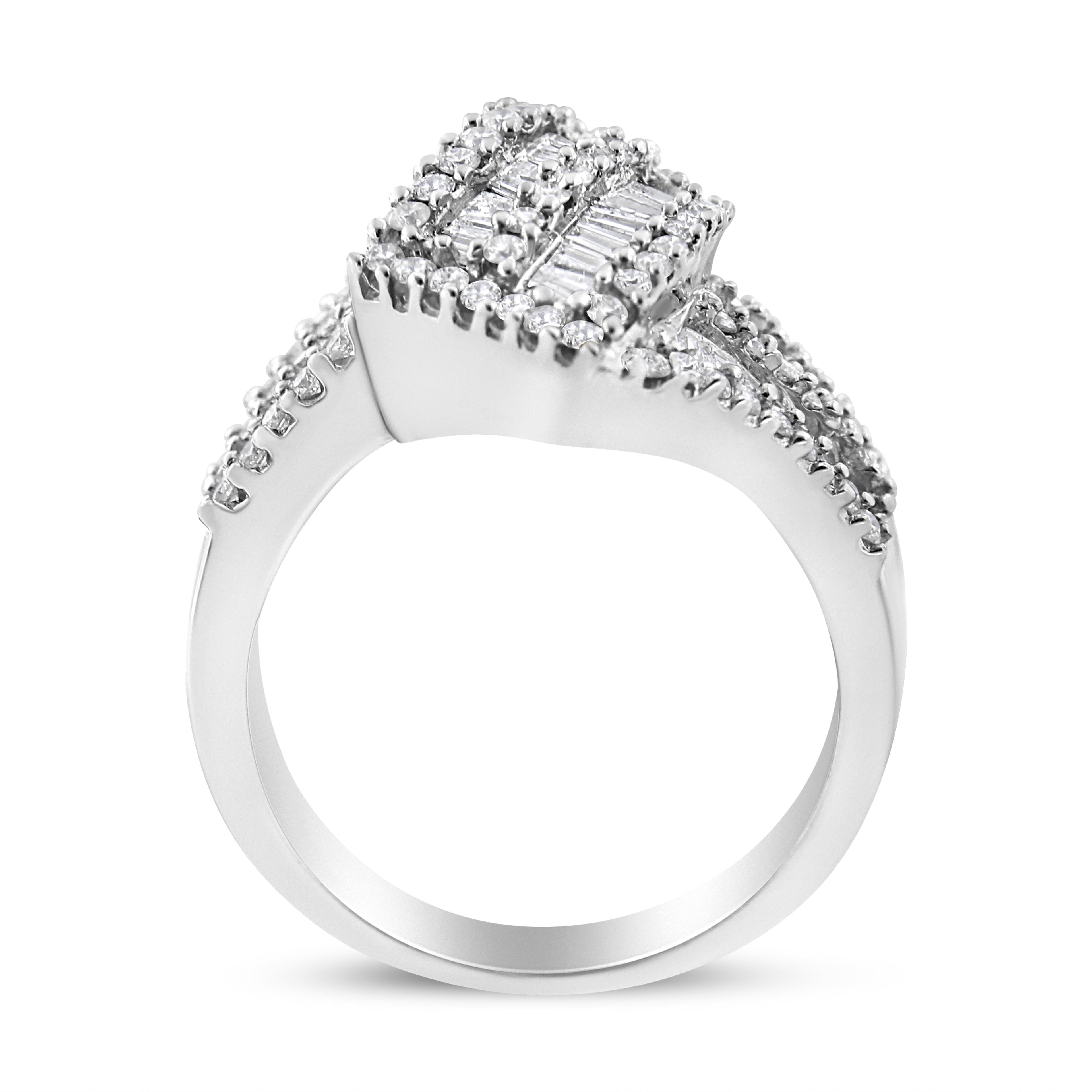 14K White Gold 1-1/2 Cttw Round and Baguette Diamond Bypass Cocktail Ring Band (H-I Color, SI1-SI2 Clarity) - Size 7