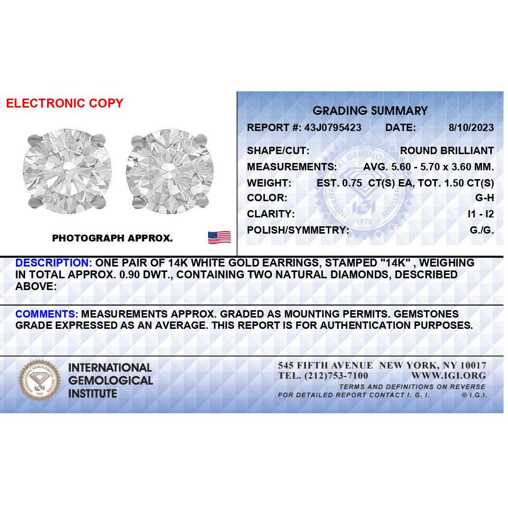 IGI Certified 14K White Gold 1 1/2 Cttw Round Diamond Solitaire Stud Earrings with Screwbacks (G-H Color, I1-I2 Clarity)