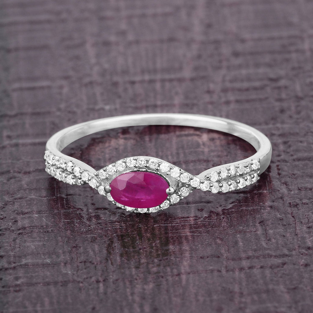 0.40 Carat Genuine Ruby and White Diamond 14K White Gold Ring