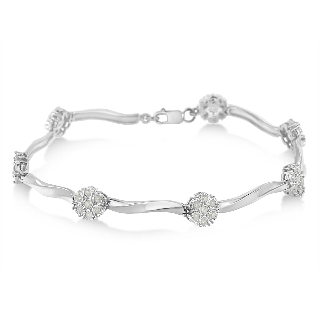 .925 Sterling Silver 1.0 cttw Miracle-Set Diamond 7 Stone Floral Cluster Link Bracelet (I-J Color, I3 Clarity) -7"