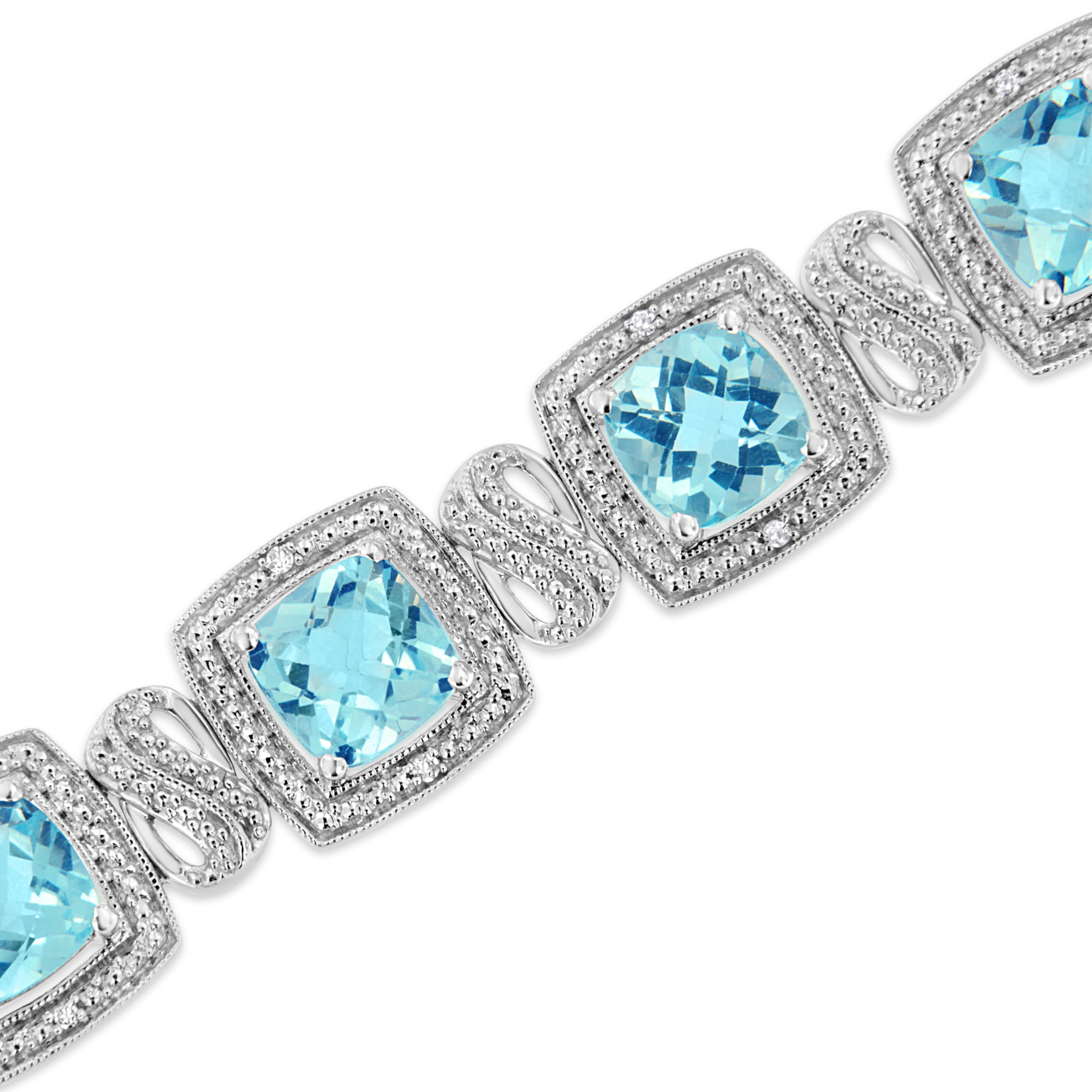 .925 Sterling Silver 7x7 mm Cushion Cut Blue Topaz and 1/10 Ctw Single Cut Diamond Square Shape Tennis Bracelet (I-J Color, I1-I2 Clarity) - 7"
