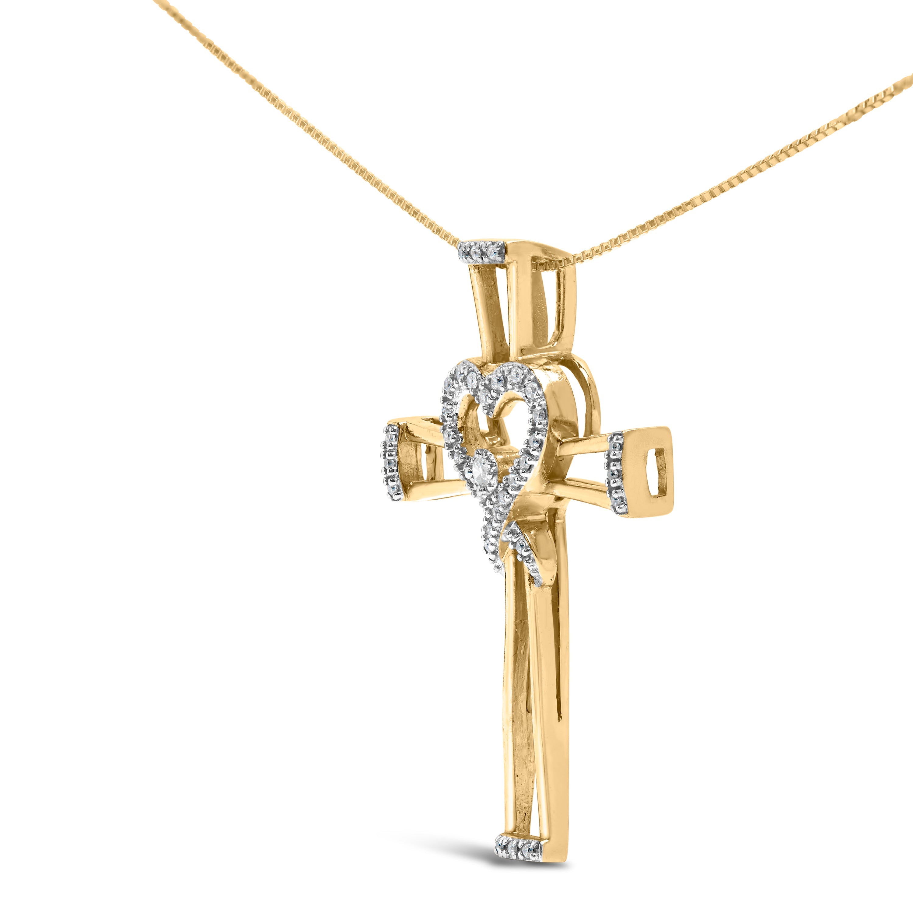 14K Yellow Gold Plated .925 Sterling Silver 1/6 Cttw Diamond Interlocking Heart and Ribbon Cross Pendant Necklace (H-I Color, I2-I3 Clarity) - 18" Inches