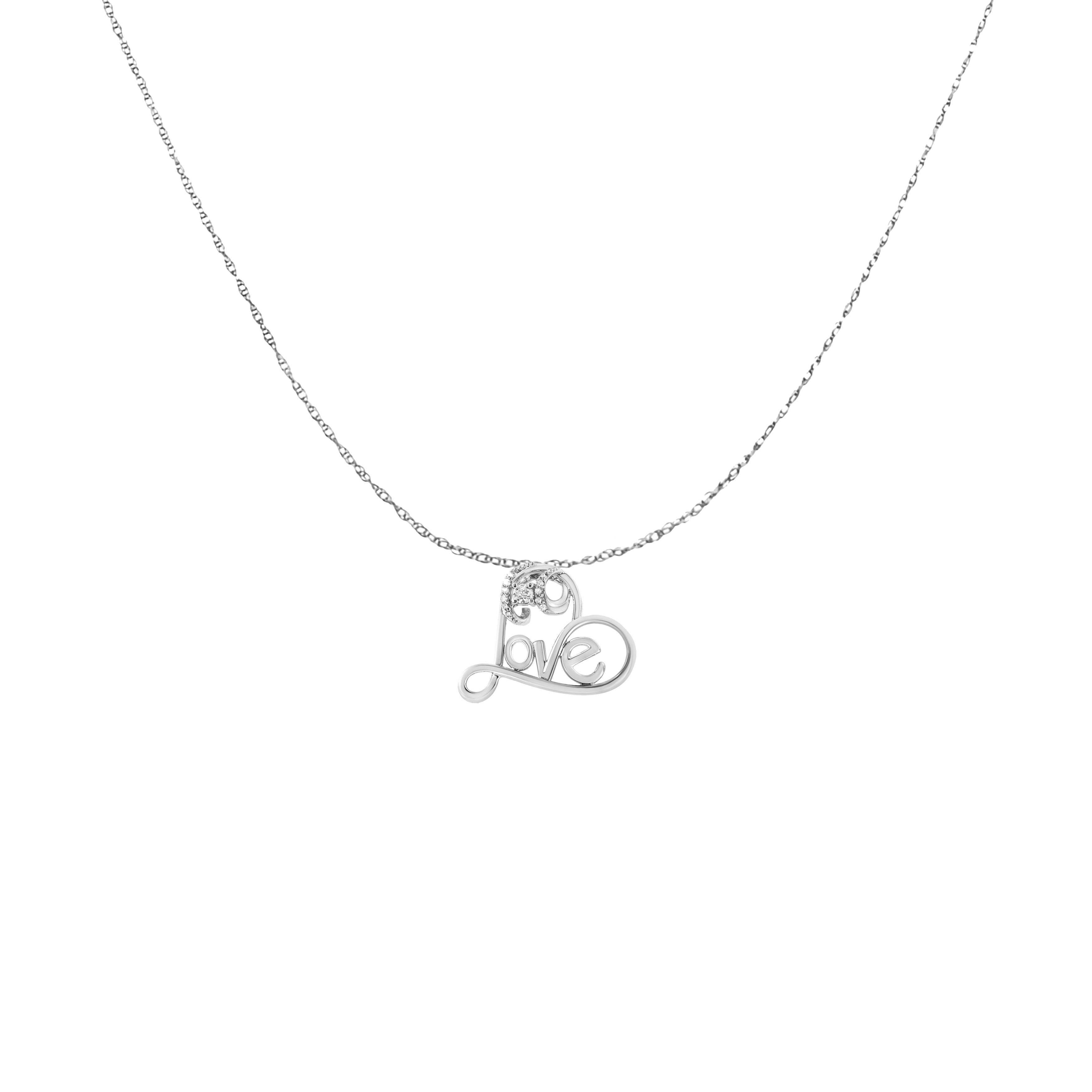 .925 Sterling Silver 1/6 Cttw Round Brilliant-Cut Diamond Accented Open Heart with Love 18" Pendant Necklace (H-I Color, I1-I2 Clarity)