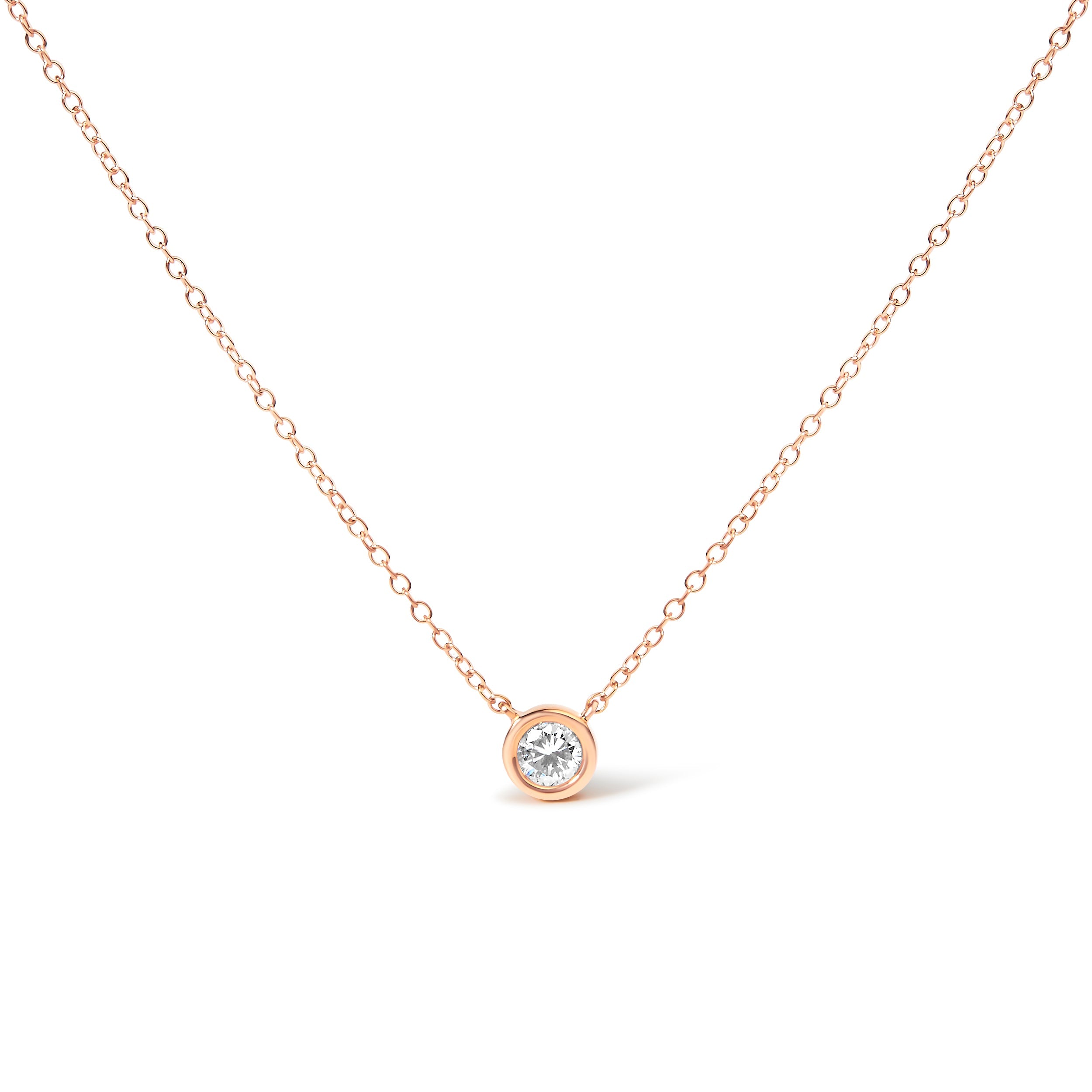 10K Rose Gold 1/5 Carat Round Brilliant-Cut Diamond Modern Bezel-Set Solitaire 16"-18" Pendant Necklace (H-I Color, SI2-I1 Clarity)