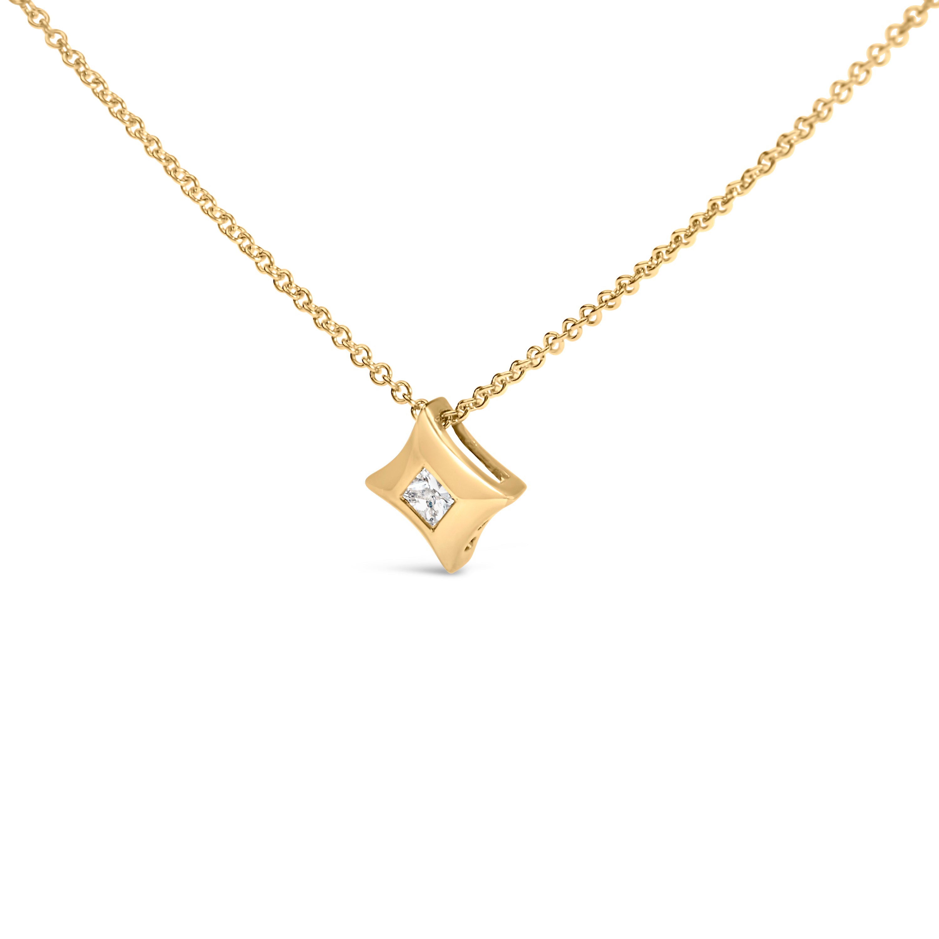 10K Yellow Gold 1/5 Cttw Bezel Set Princess Diamond Kite Shaped Solitaire Pendent Necklace