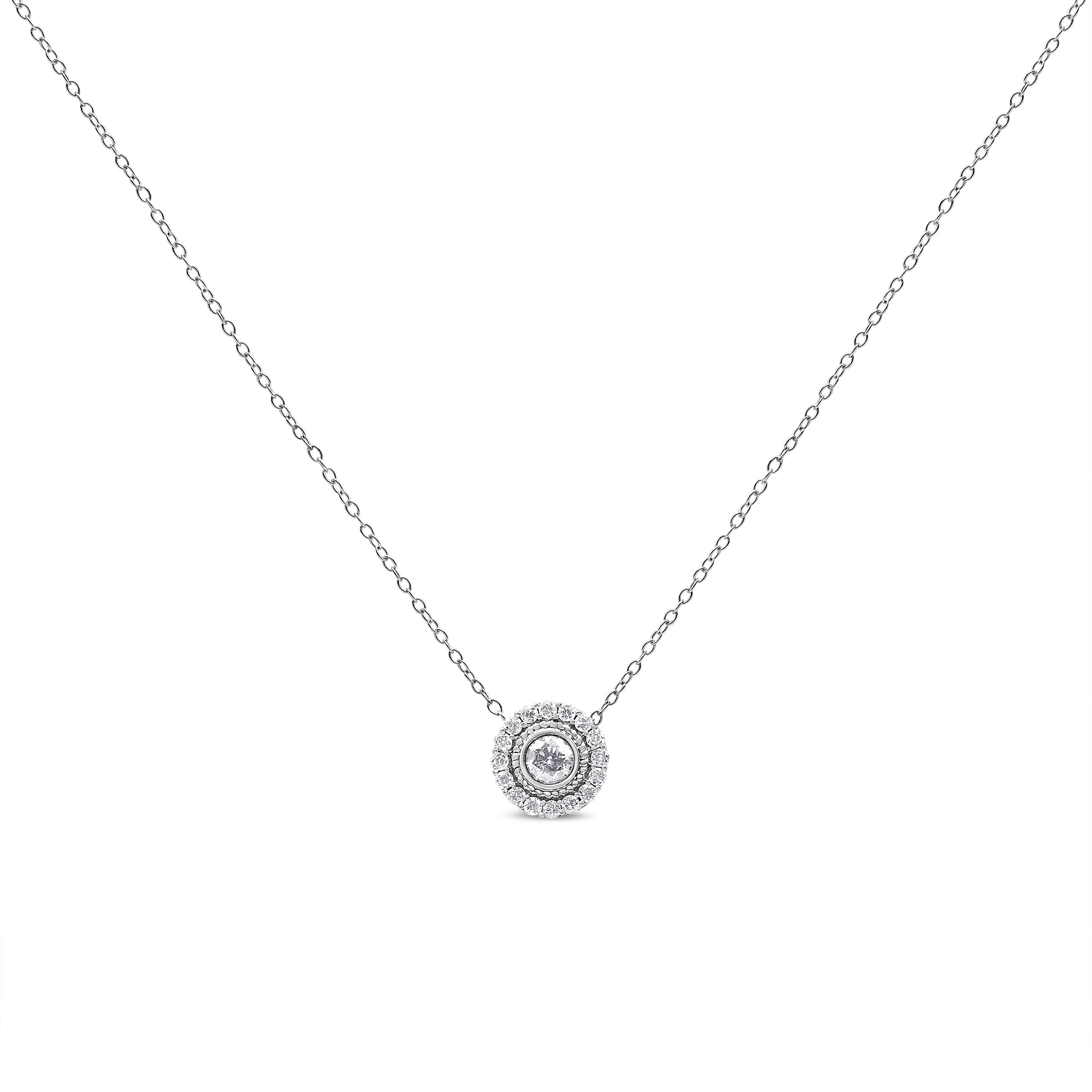 .925 Sterling Silver 1/2 Cttw Round Diamond Halo Circle Pendant 18" Necklace (I-J Color, I2-I3 Clarity)