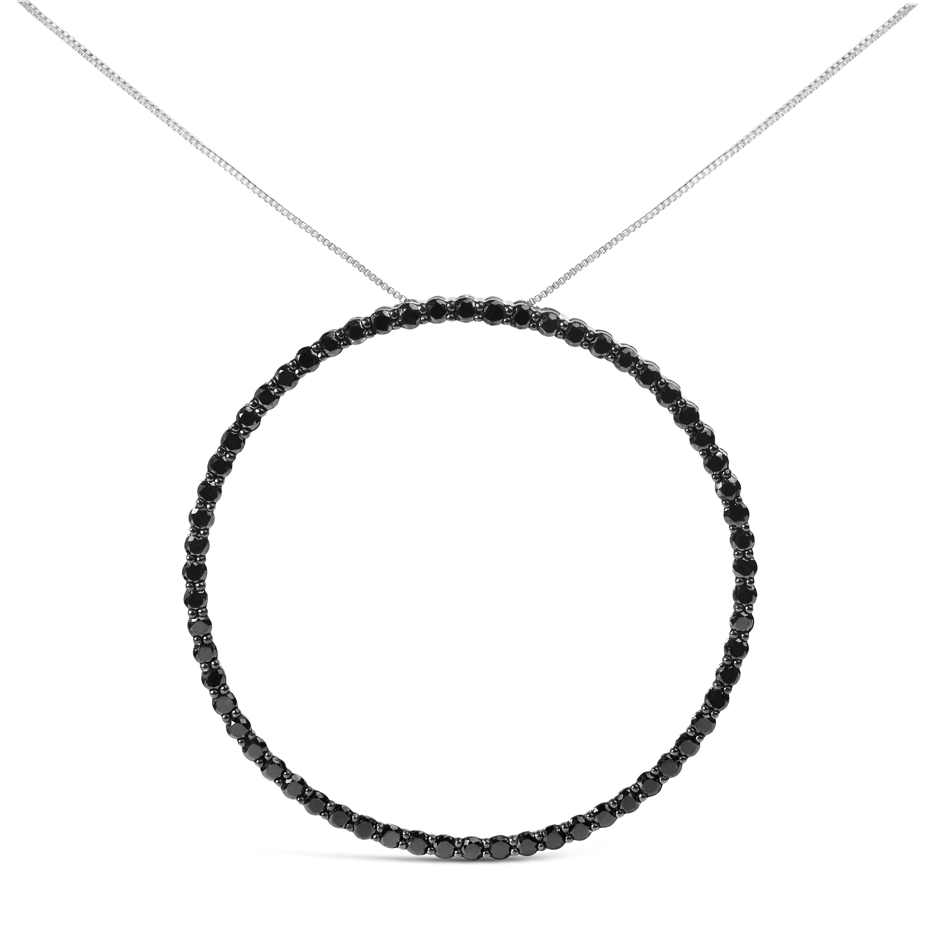 .925 Sterling Silver 4.0 Cttw Black Diamond Open Hoop Circle 18" Pendant Necklace (Black Color, I2-I3 Clarity)