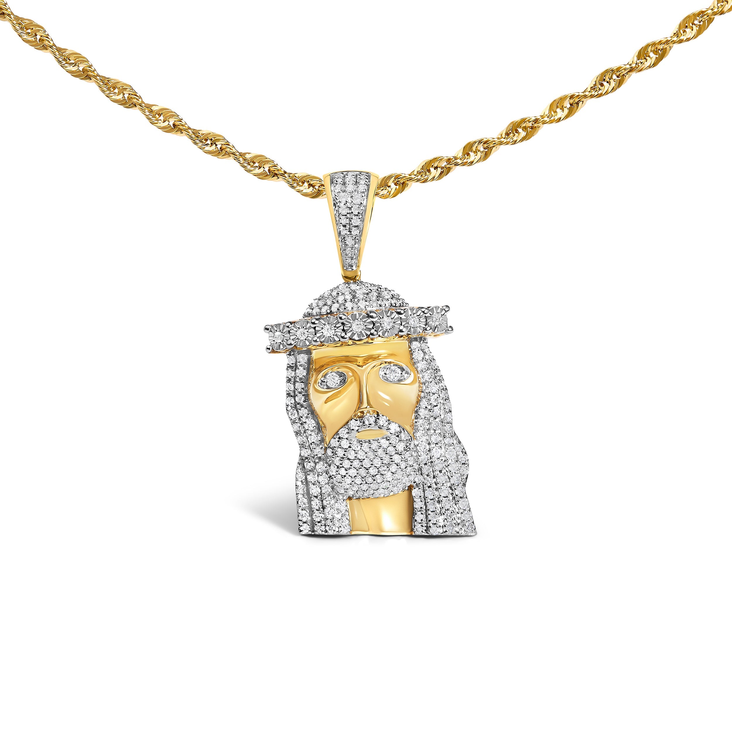 Men's 10K Yellow Gold 1 1/3 Cttw Diamond Studded Jesus Pendant Necklace