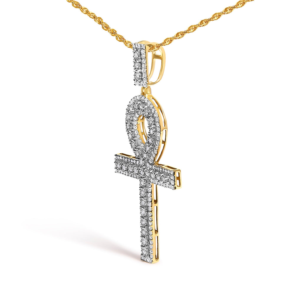Men's 10K Yellow Gold 1.00 Cttw Diamond Ankh Cross Pendant Necklace