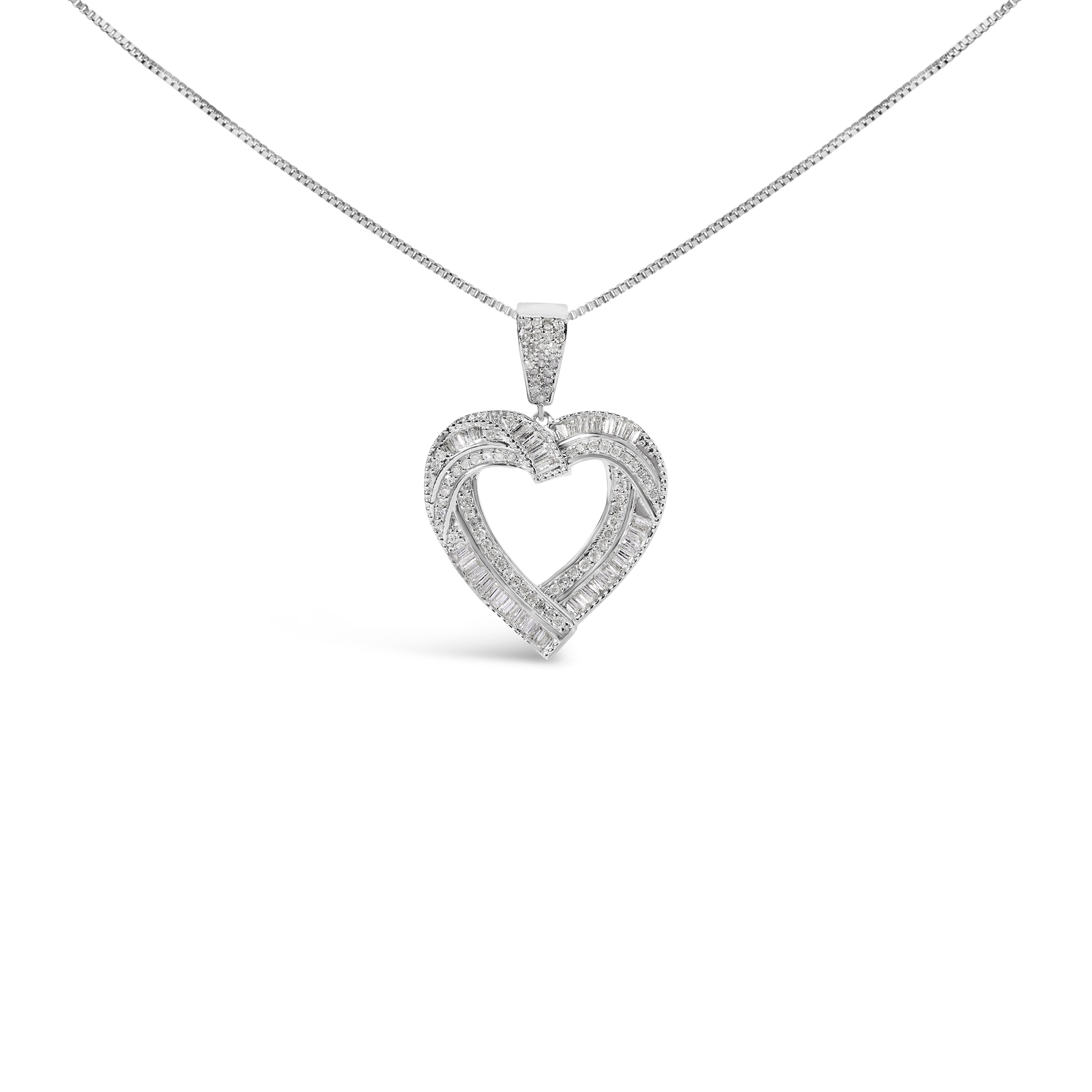 .925 Sterling Silver 1.00 Cttw Baguette and Round Diamond Open Heart Pendant Necklace