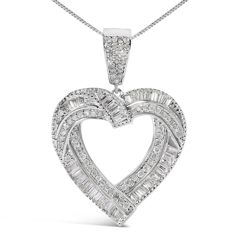 .925 Sterling Silver 1.00 Cttw Baguette and Round Diamond Open Heart Pendant Necklace