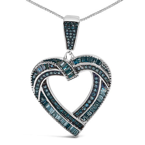.925 Sterling Silver 1.00 Cttw Baguette and Round Blue Diamond Open Heart Pendant Necklace