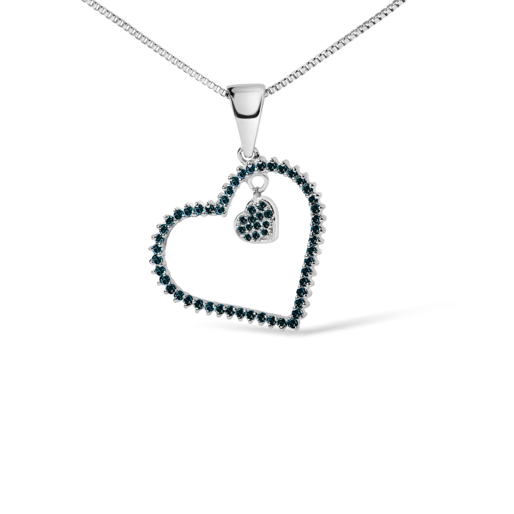 925 Sterling Silver 1/3ct TDW  Blue Treated  Diamond Heart Pendant Necklace