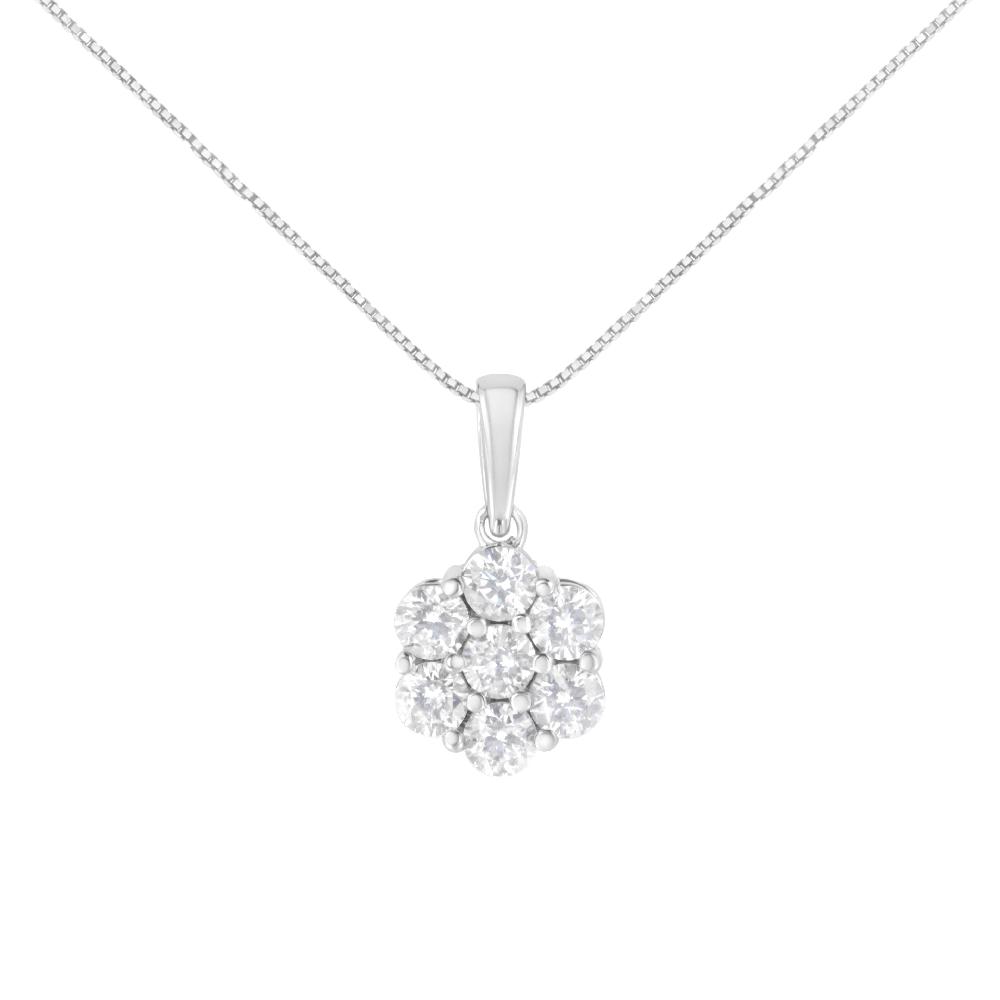 14K White Gold 2.00 Cttw Brilliant Round-Cut Diamond 7 Stone Flower Cluster 18" Pendant Necklace (H-I Color, SI2-I1 Clarity)