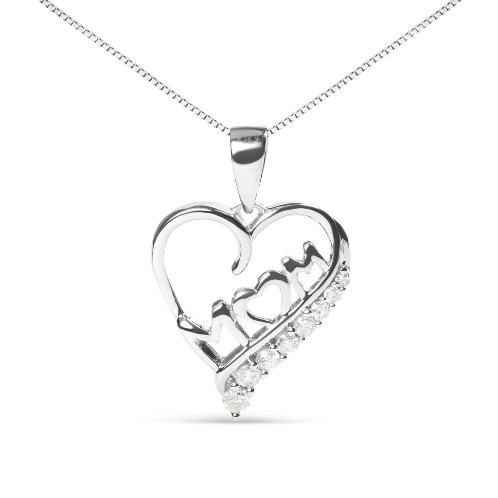 .925 Sterling Silver 1/4 Cttw Diamond  "Mom" and Open Heart 18" Pendant Necklace (I-J Color, I2-I3 Clarity)