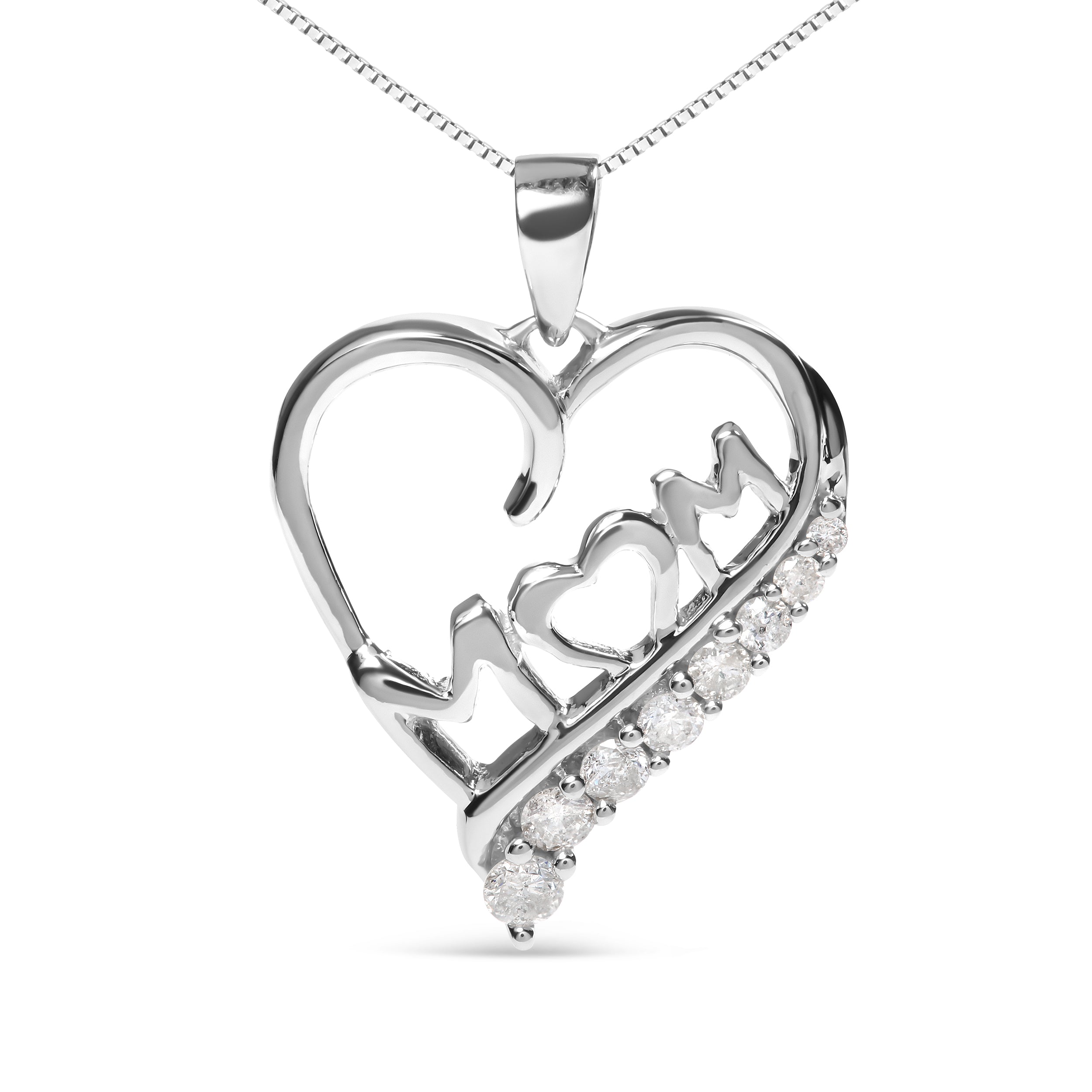 .925 Sterling Silver 1/4 Cttw Diamond  "Mom" and Open Heart 18" Pendant Necklace (I-J Color, I2-I3 Clarity)