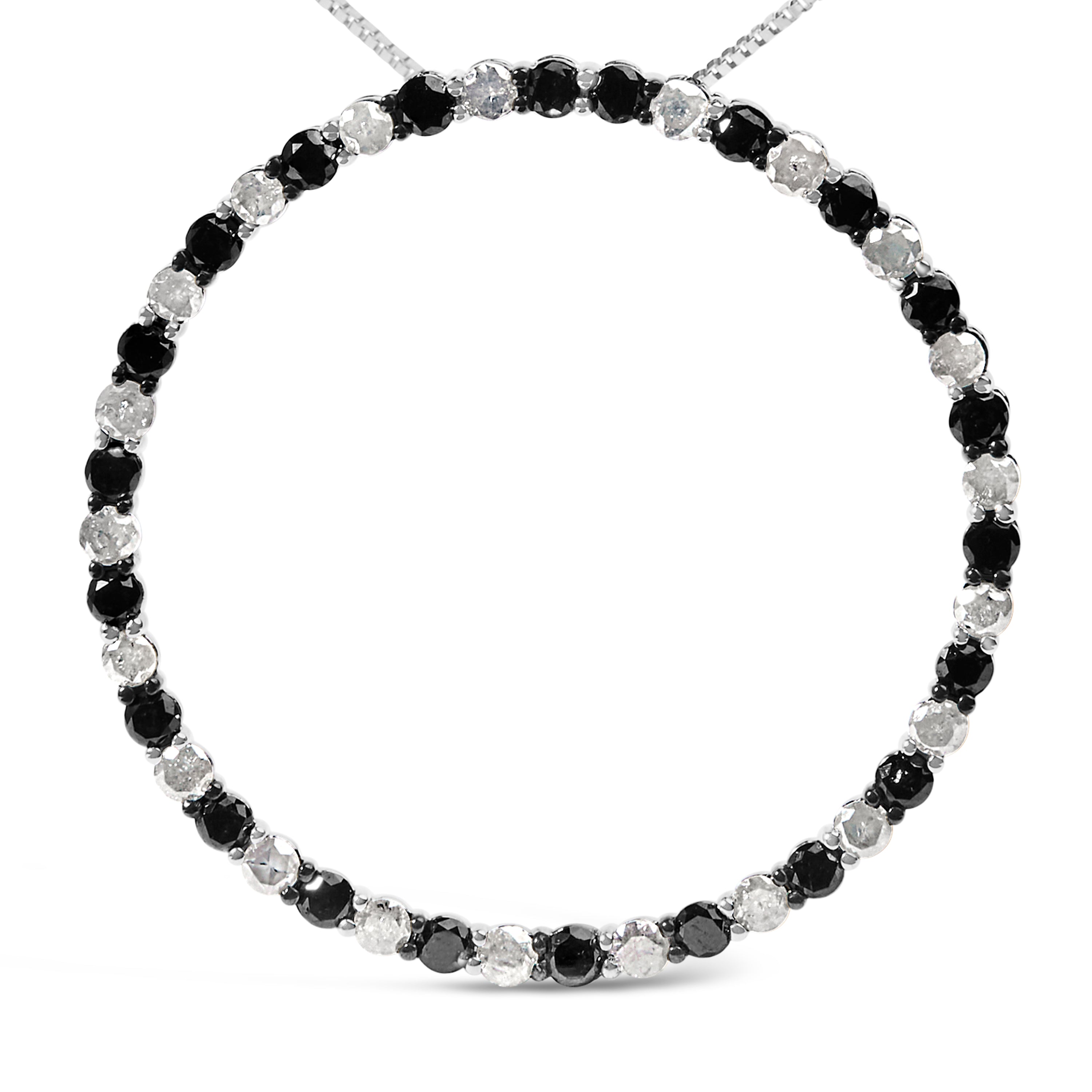 .925 Sterling Silver 3.0 Cttw Alternating Black and White Diamond Open Hoop Circle Pendant Necklace (H-I Color, I3 Clarity) - 18" Inches