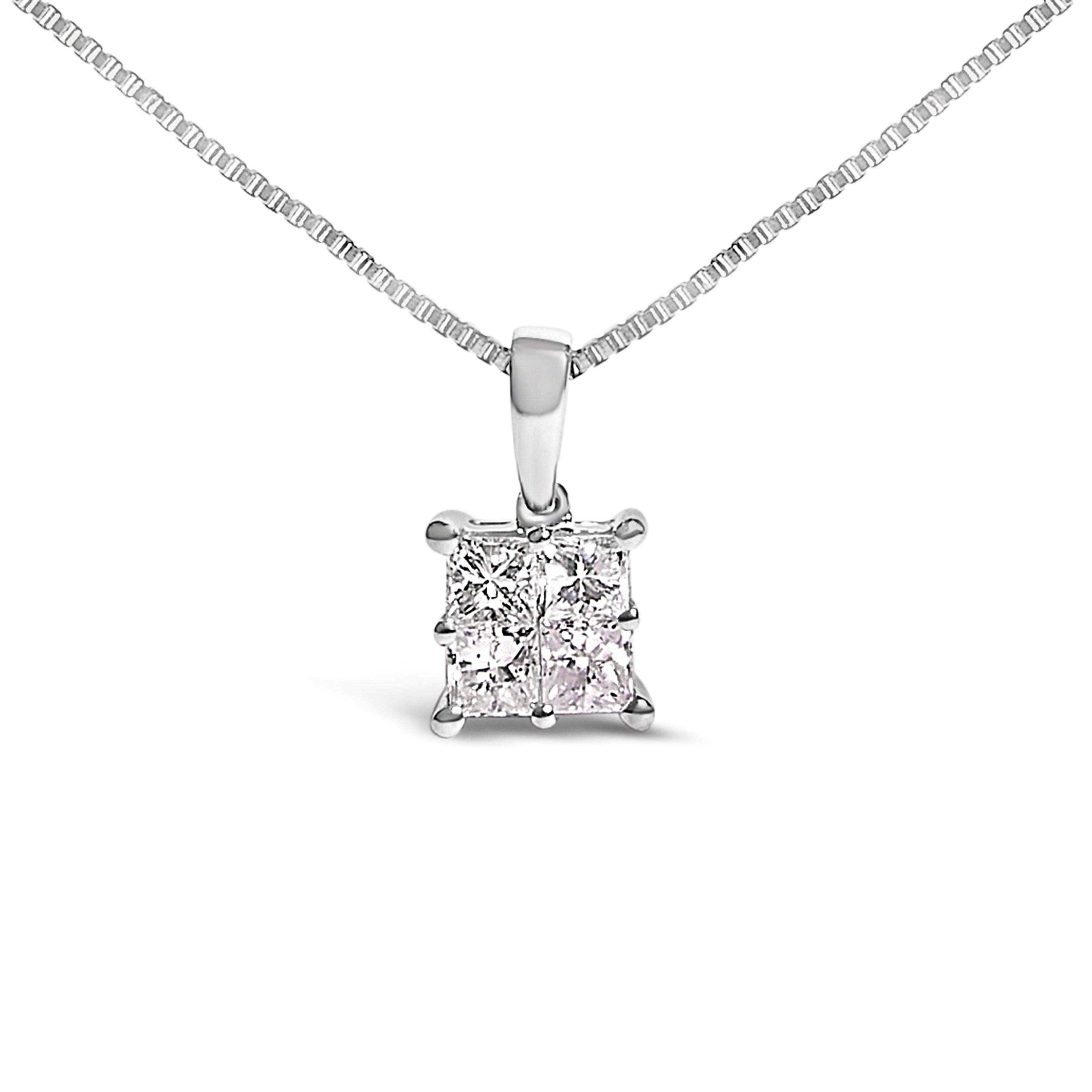 Sterling Silver 1/2 Cttw Princess-Cut Diamond 4 Stone Pendant Necklace
