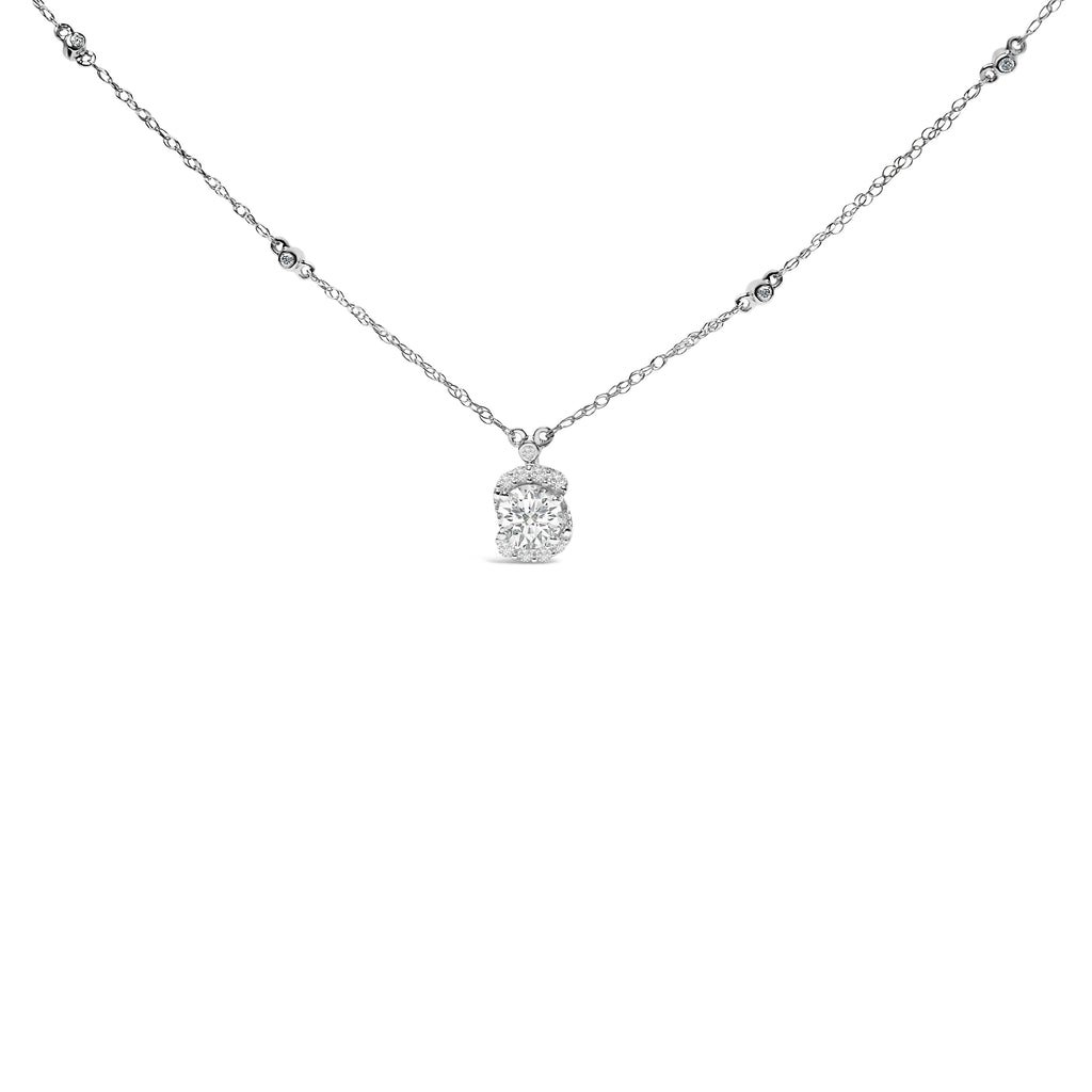 Sterling Silver 1.00 Cttw Lab Grown Diamond Oval Halo Pendant Bezel Station Necklace