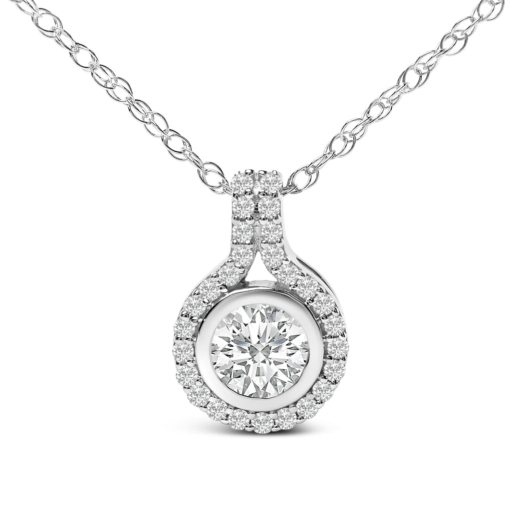 Sterling Silver 3/4 Cttw Lab Grown Diamond Halo Pendant Necklace