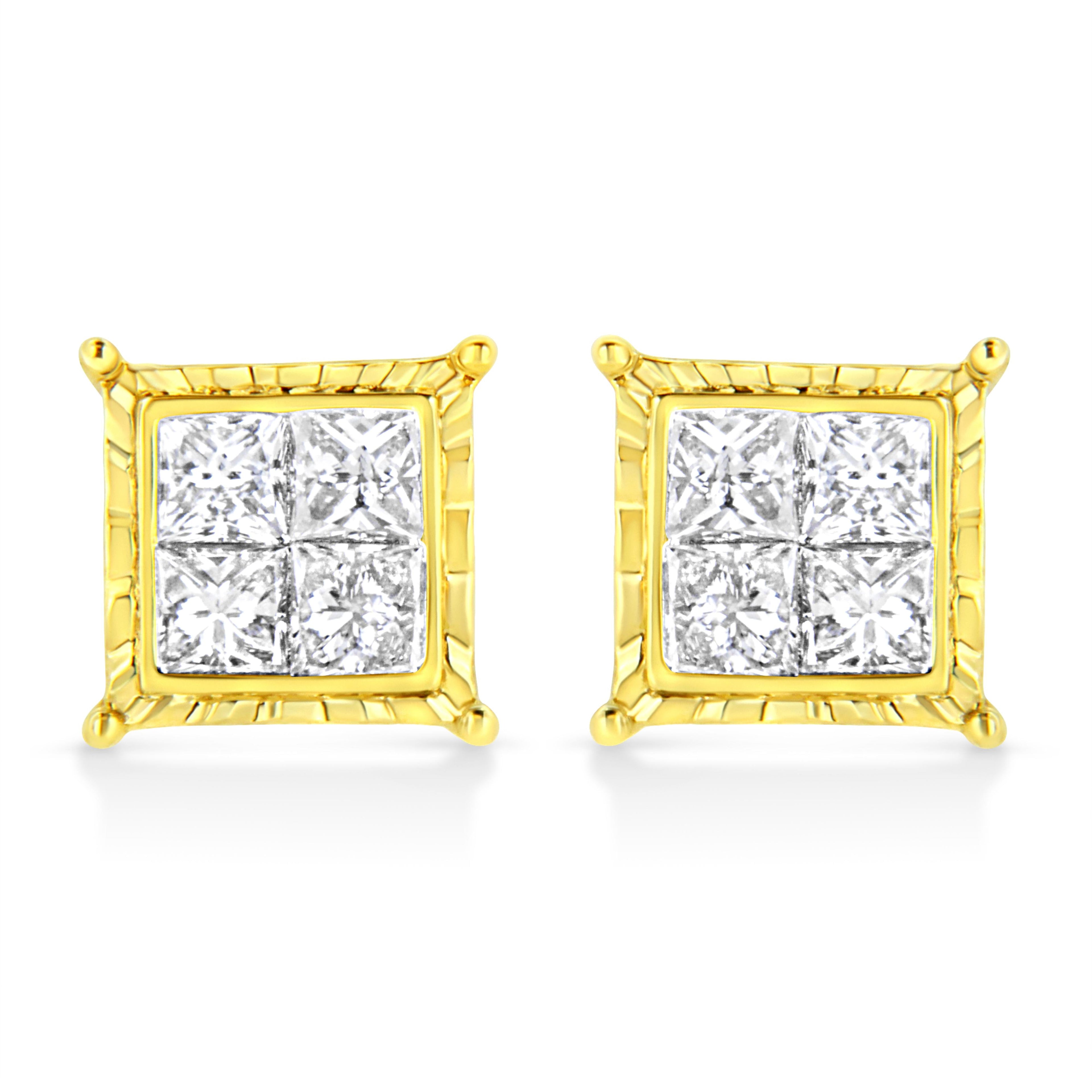 14K Yellow Gold 1 Cttw Princess Cut Diamond Square Stud Earrings