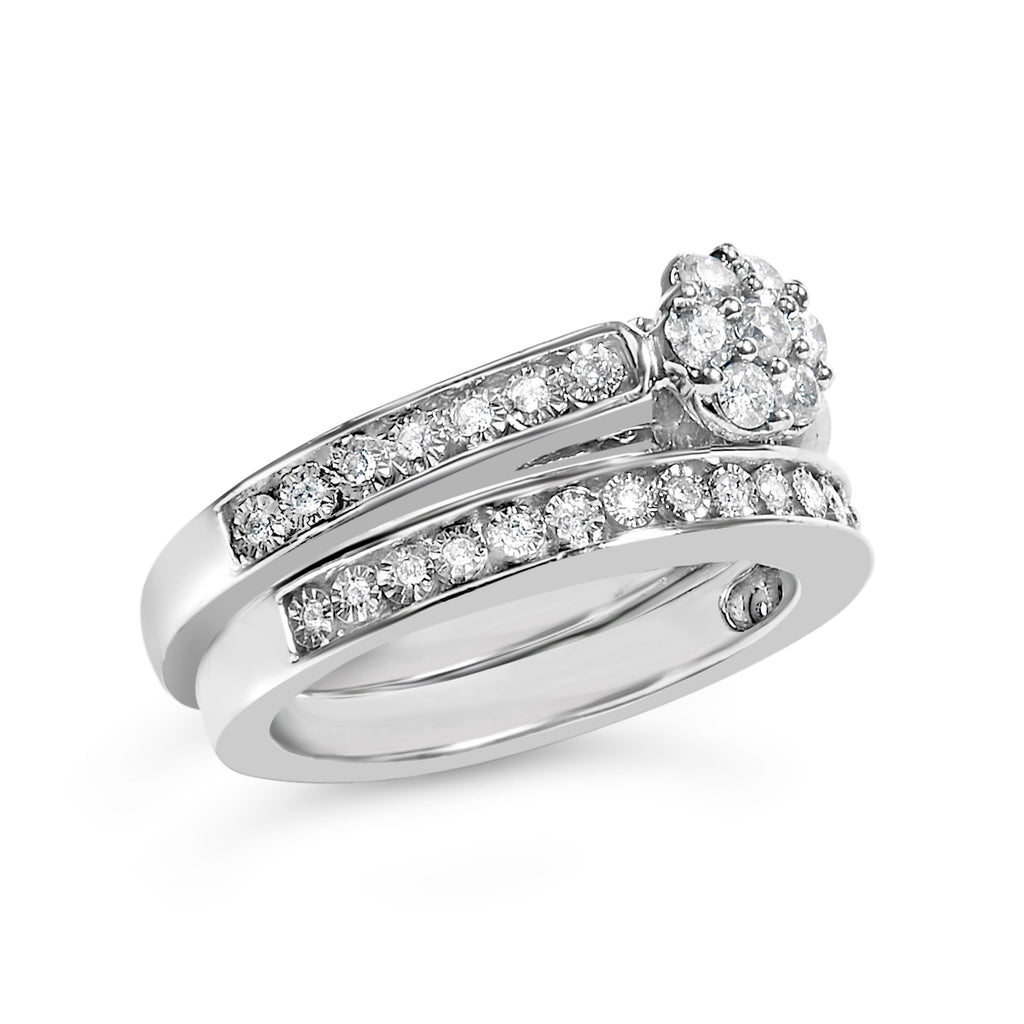 Sterling Silver 1/2 Cttw Diamond Cluster Flower Bridal Set