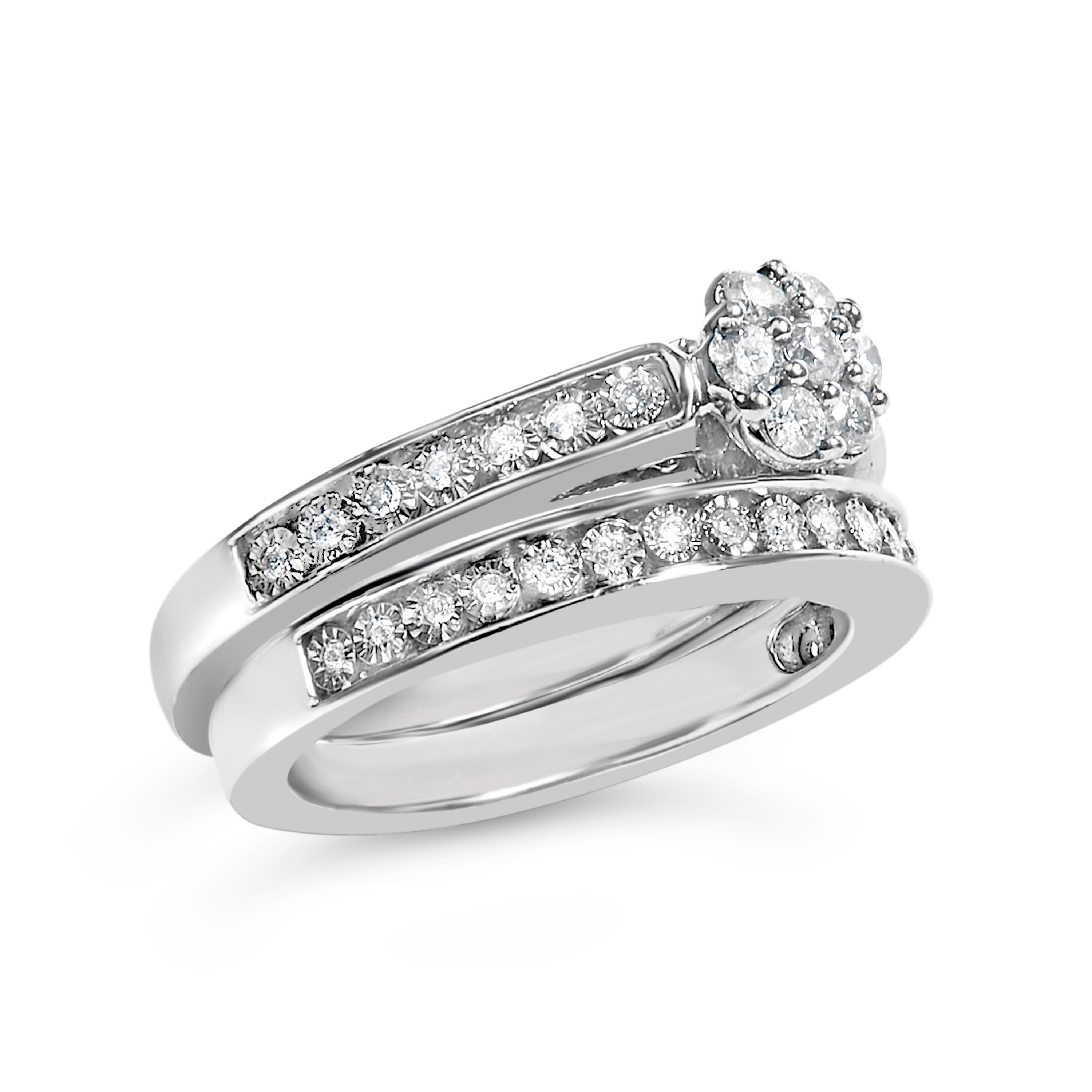 Sterling Silver 1/2 Cttw Diamond Cluster Flower Bridal Set