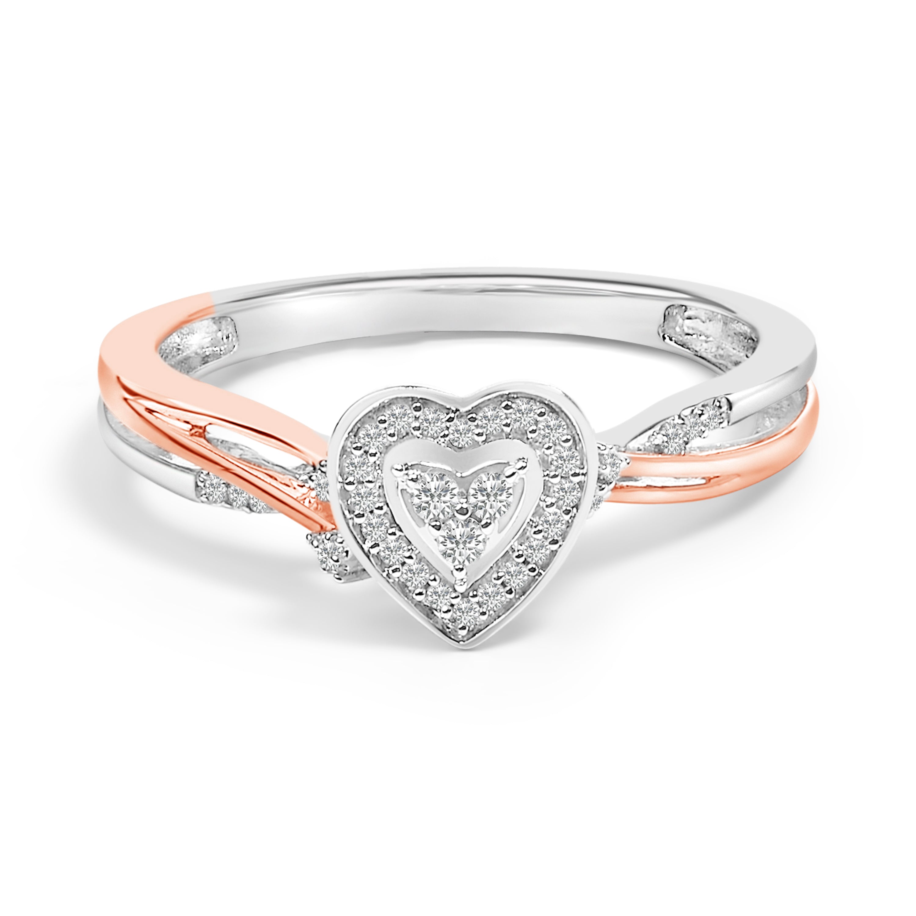 14K Rose Gold Plated Sterling Silver 1/10 Cttw Diamond Heart Motif Ring