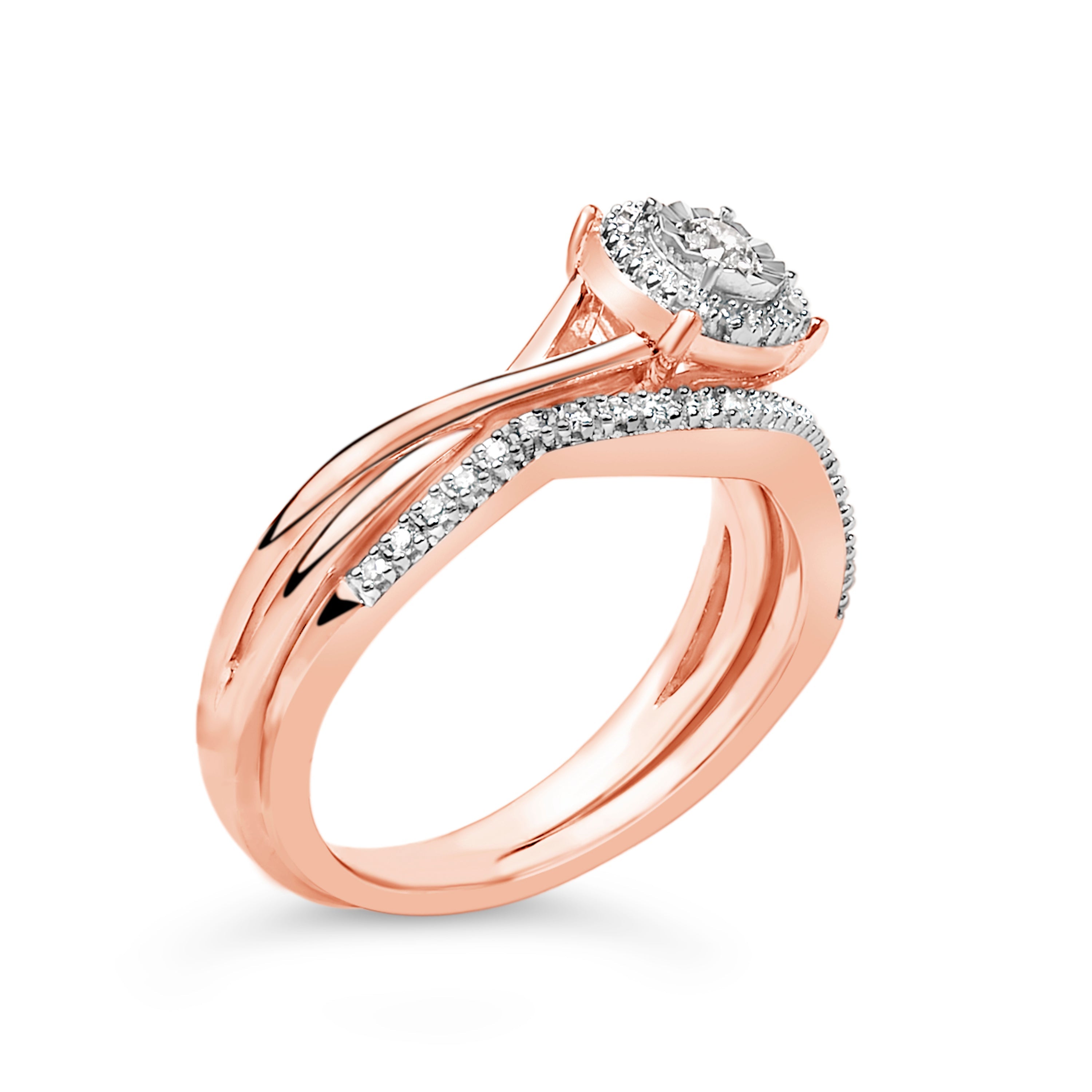 14K Rose Gold Plated Sterling Silver 1/6 Cttw Diamond Round Halo Bridal Set