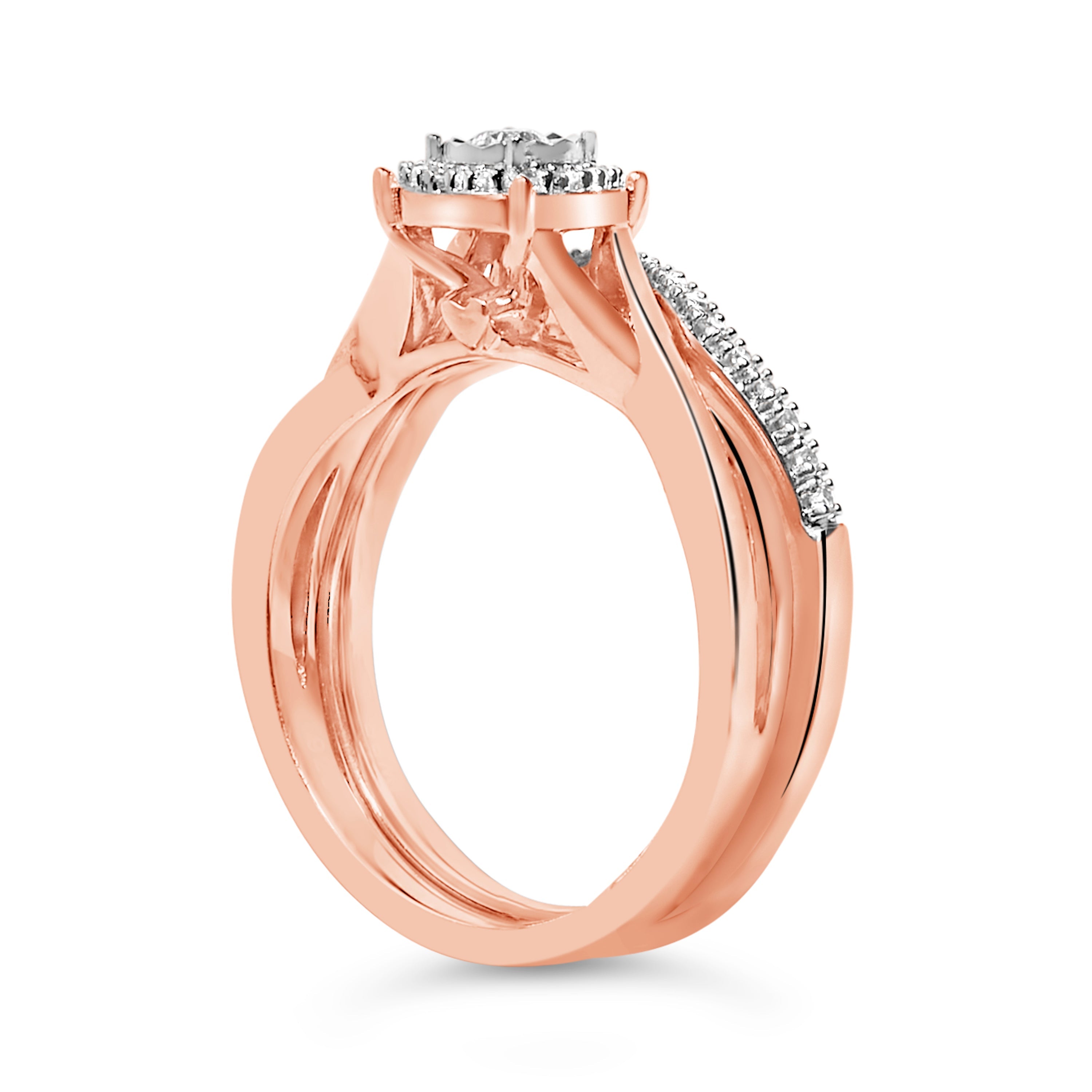 14K Rose Gold Plated Sterling Silver 1/6 Cttw Diamond Round Halo Bridal Set