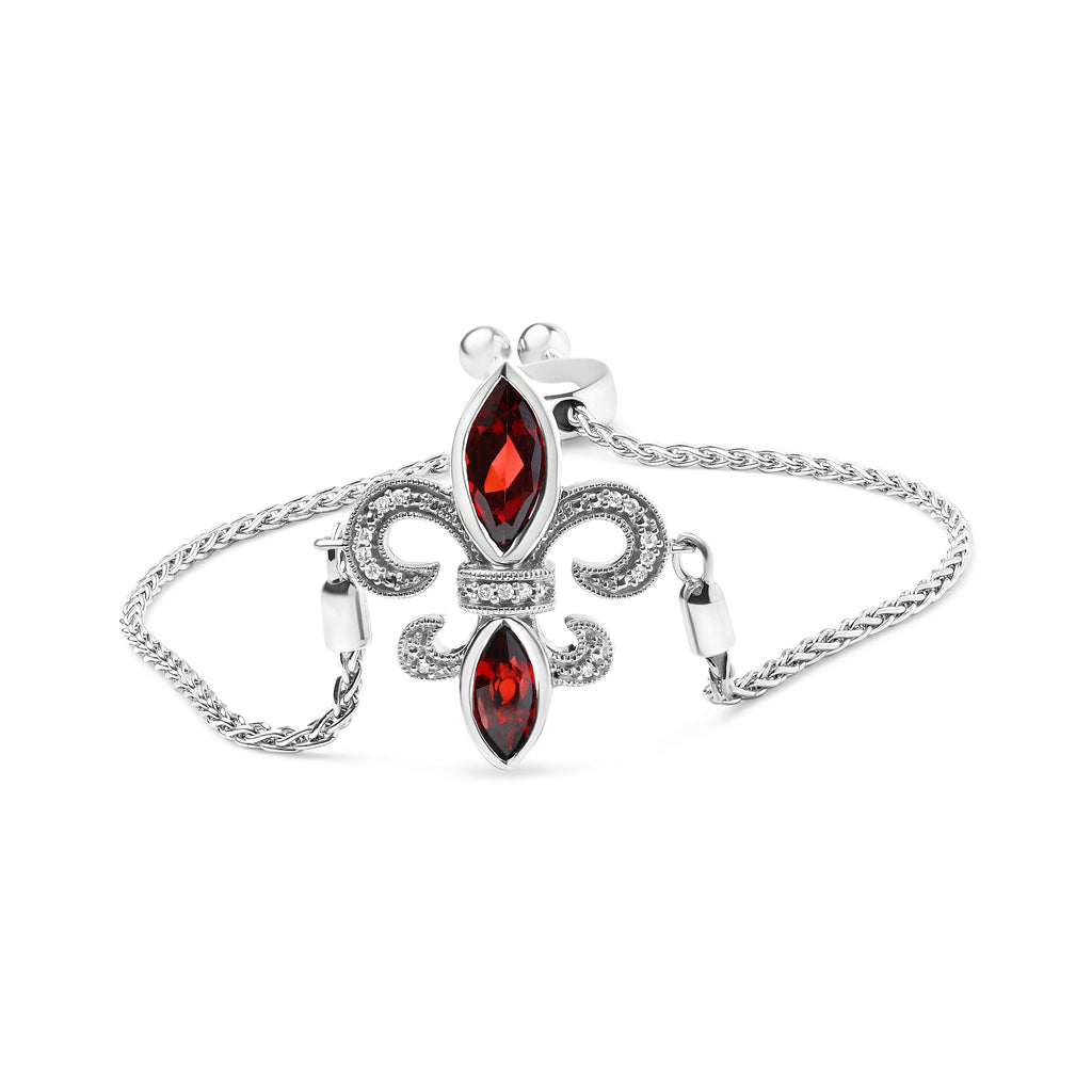 .925 Sterling Silver Marquise Garnet  and Diamond Accent Lariat 4â€-10â€ Fleur De Lis Adjustable Bolo Bracelet (H-I Color, SI1-SI2 Clarity)