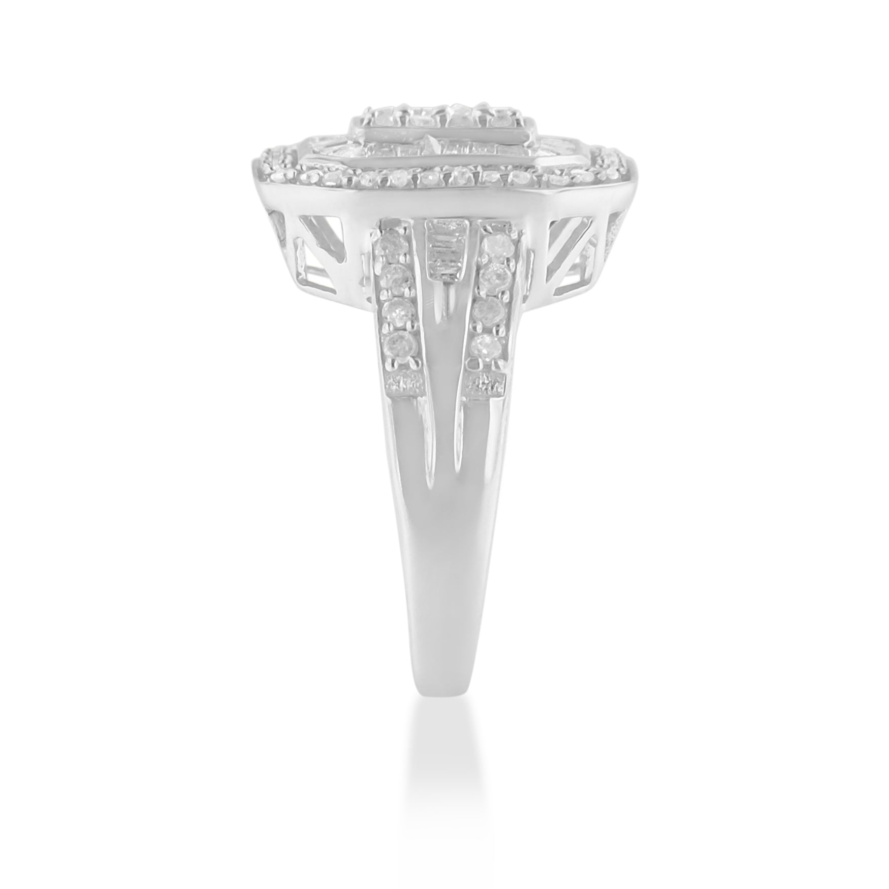 .925 Sterling Silver 1.0 Cttw Round and Baguette Cut Diamond Elongated Octagon Shaped Cocktail Ring (H-I Color, I2-I3 Clarity) - Size 7