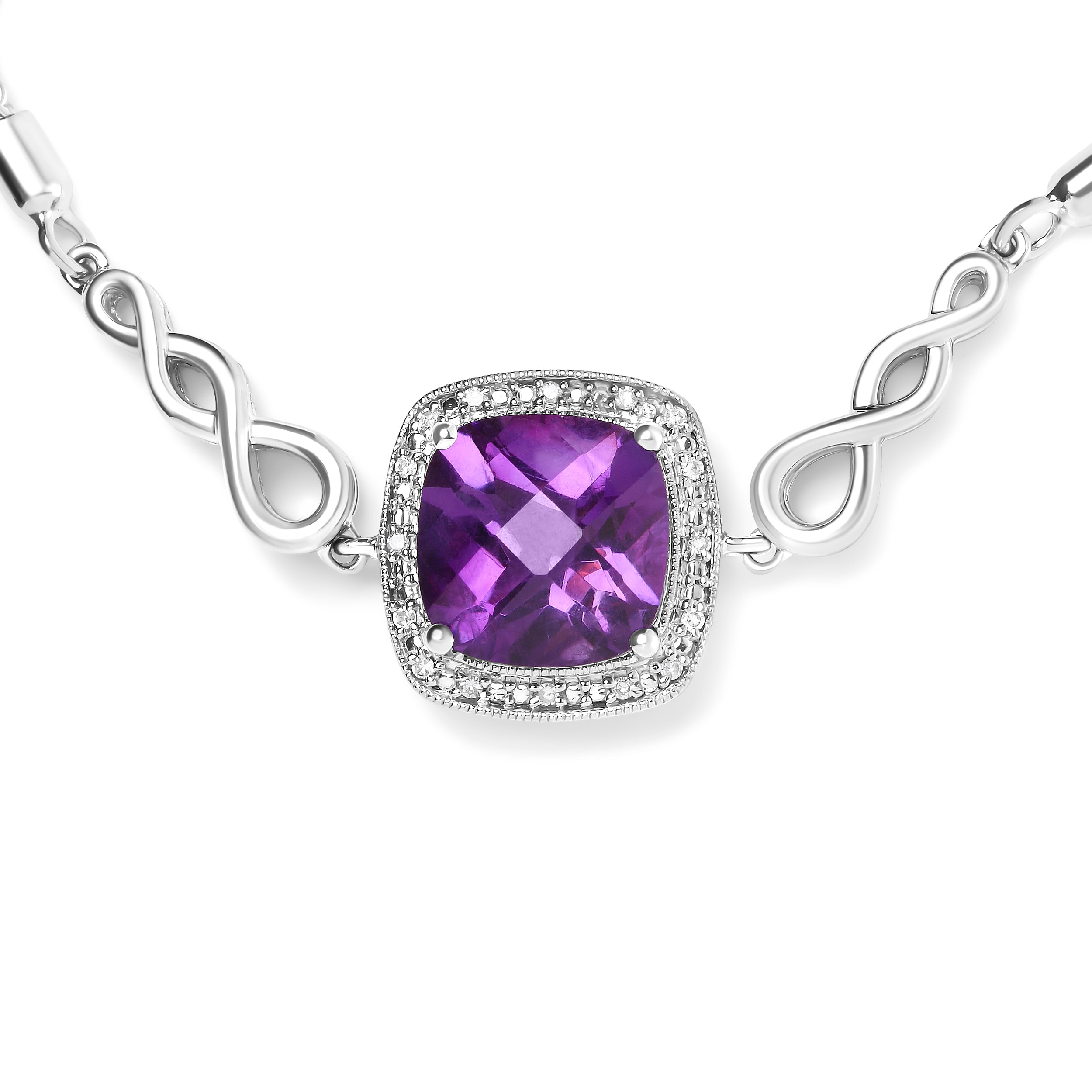 .925 Sterling Silver 10mm Cushion Cut Amethyst Gemstone and Diamond Accent Lariat 4â€-10â€ Adjustable Bolo Bracelet (H-I Color, SI1-SI2 Clarity)